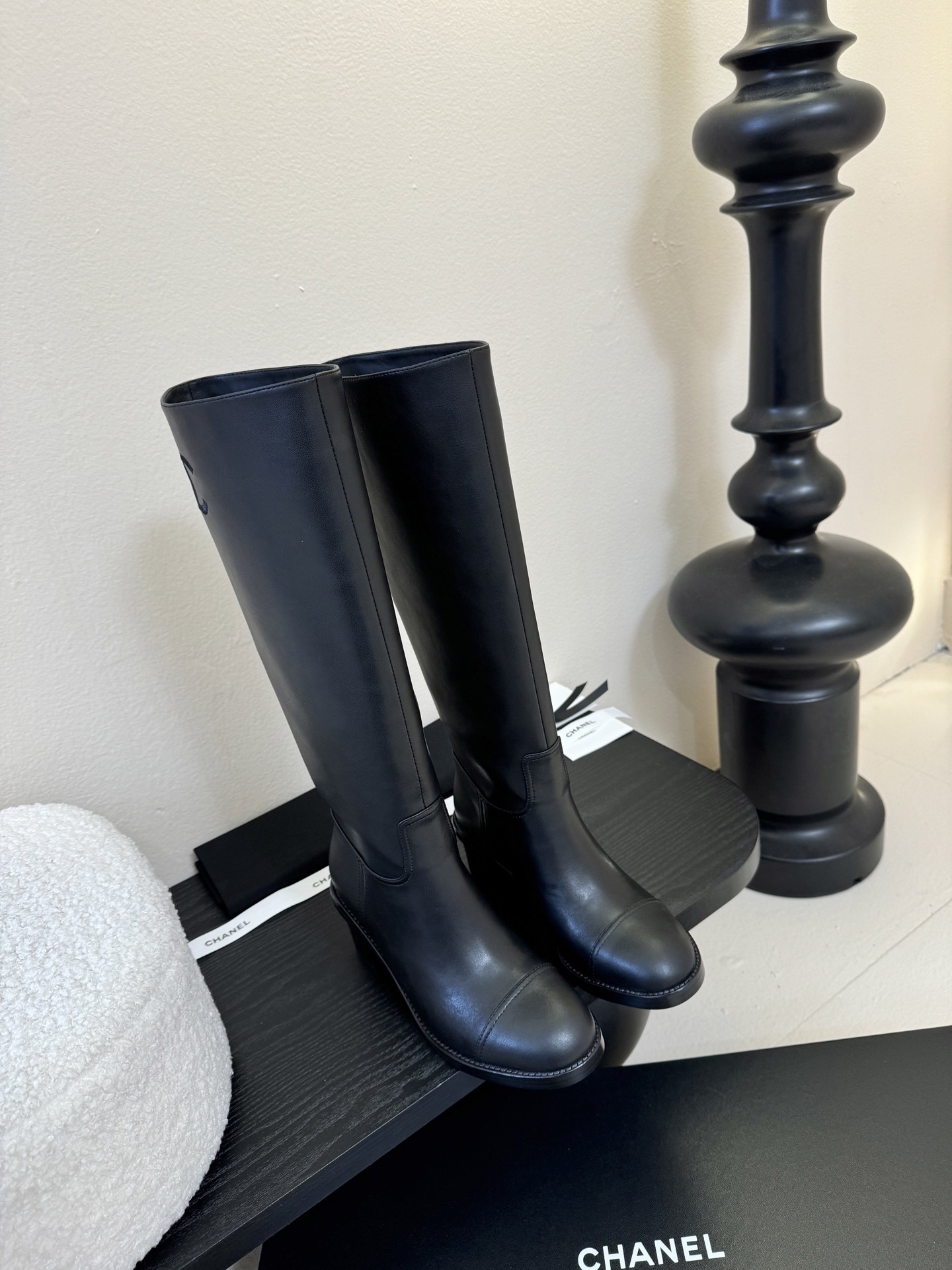 Chanel Black Leather Knee-High Boots – Classic Cap Toe Design
