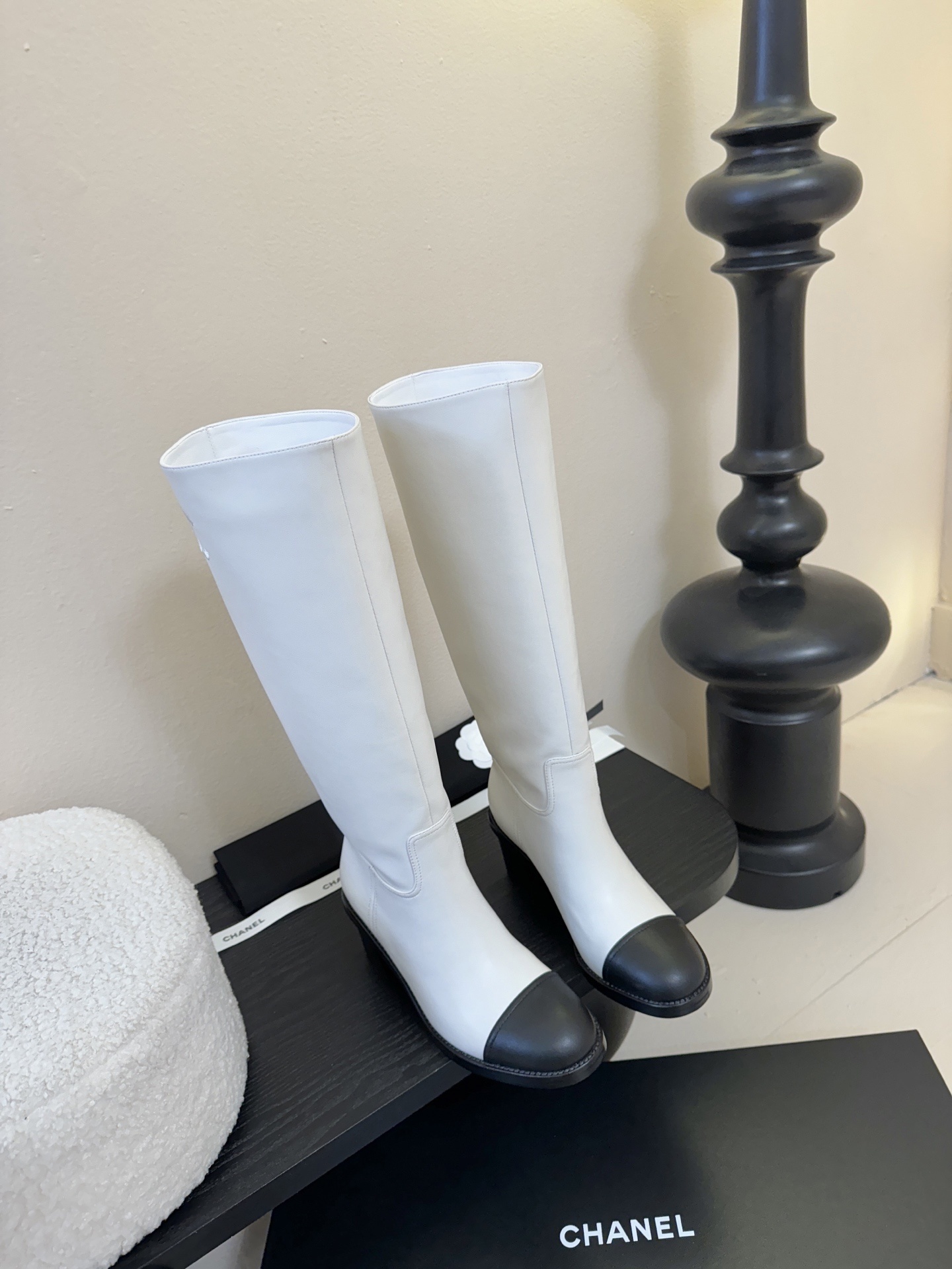 Luxury White Leather Knee-High Boots with Black Cap Toe