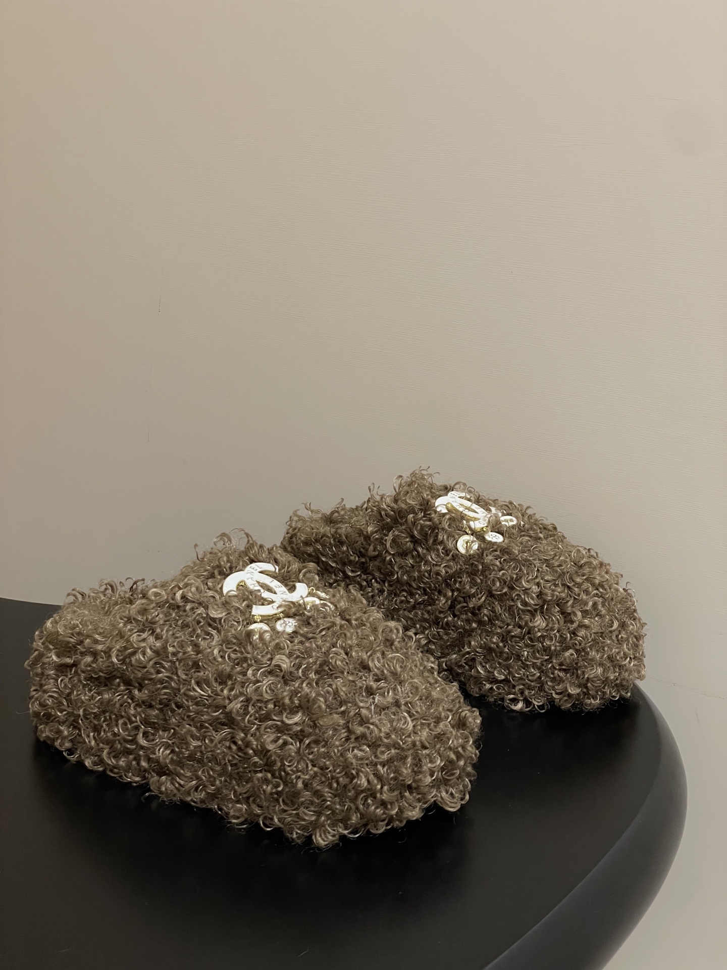 Luxury Brown Curly Shearling Slippers with CC Logo Charms