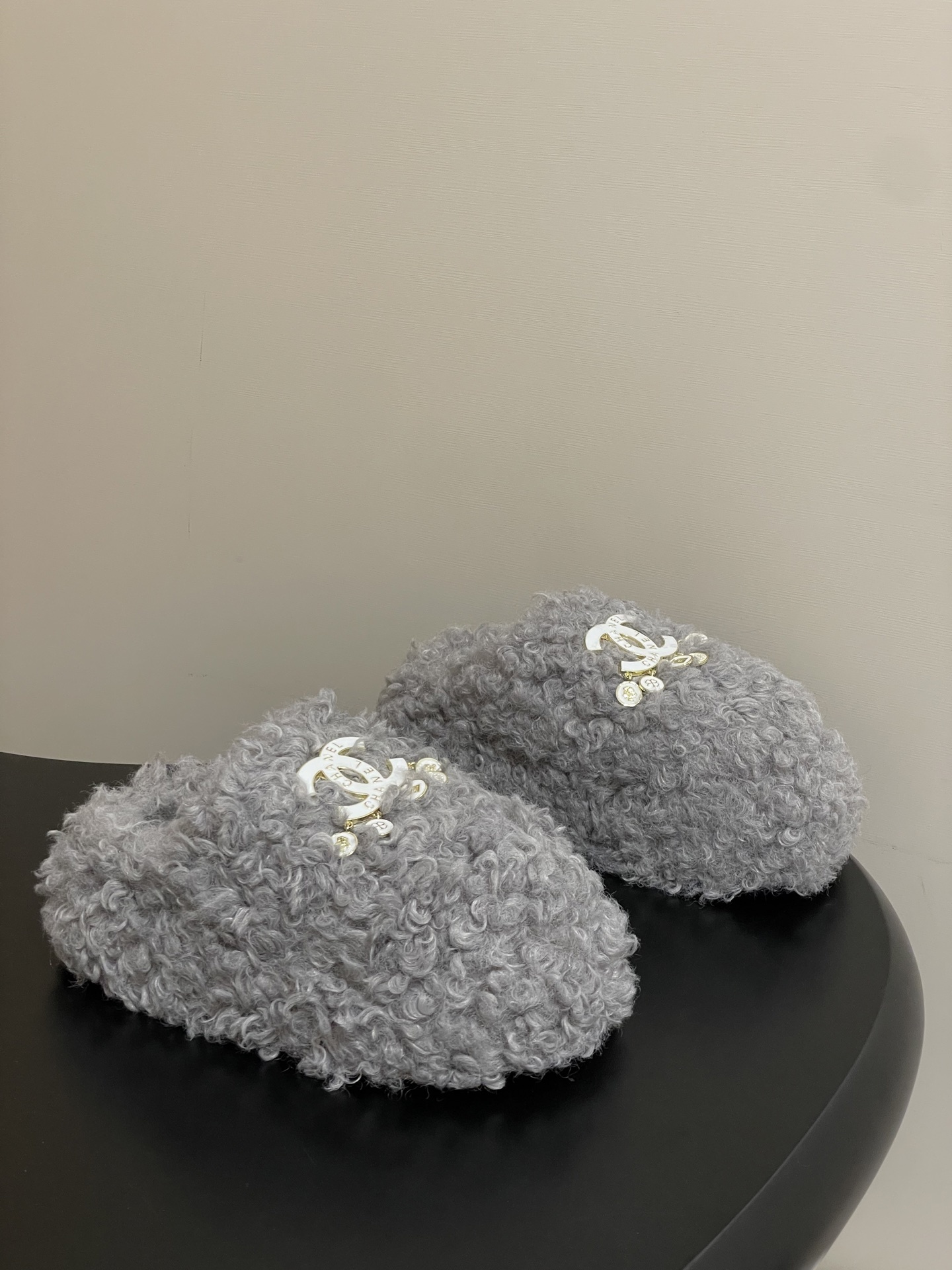 Luxury Grey Faux Fur Slippers with Designer Logo & Pearl Charms