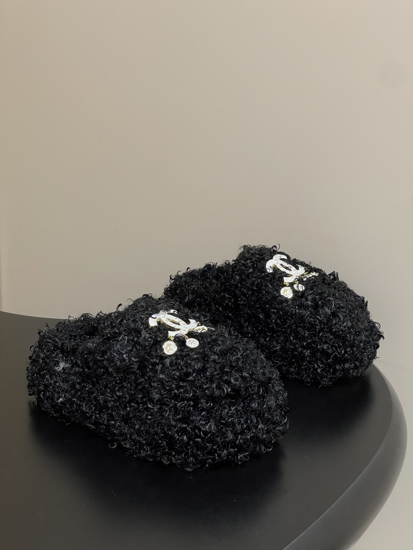 Luxurious Black Faux Fur Slippers with Designer Logo & Charms