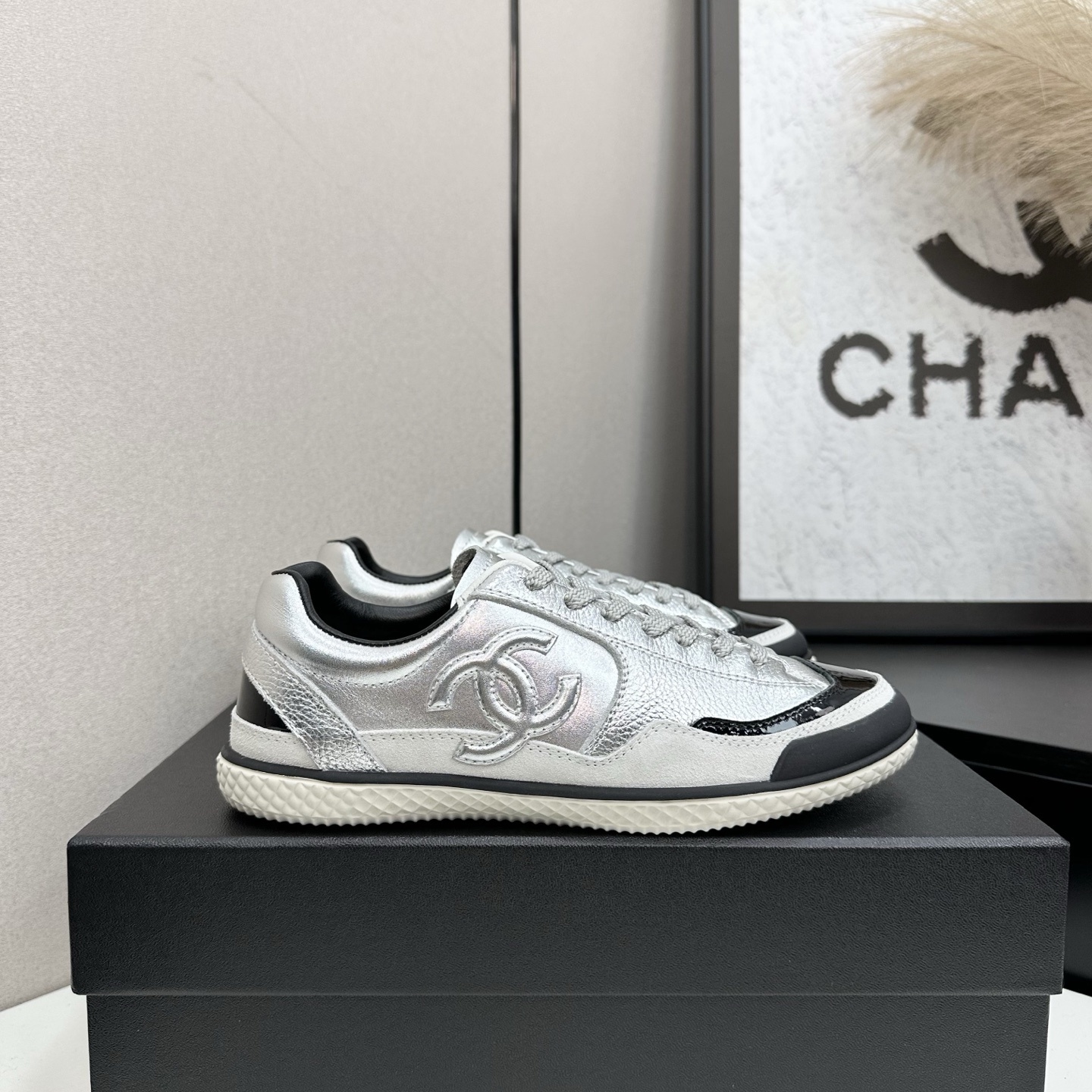 Chanel Silver Metallic & Black Leather Low-Top Sneakers