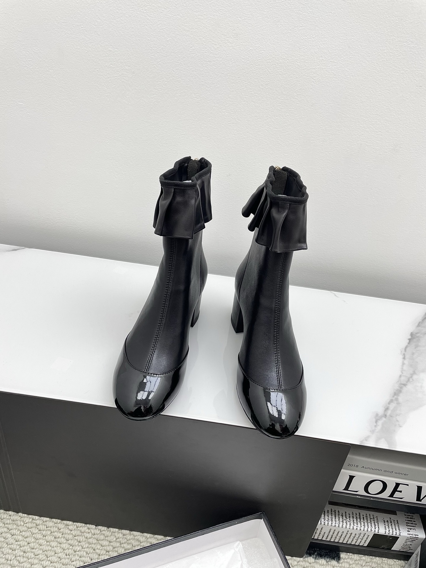 Chanel Black Leather Ruffle Ankle Boots with Patent Toe