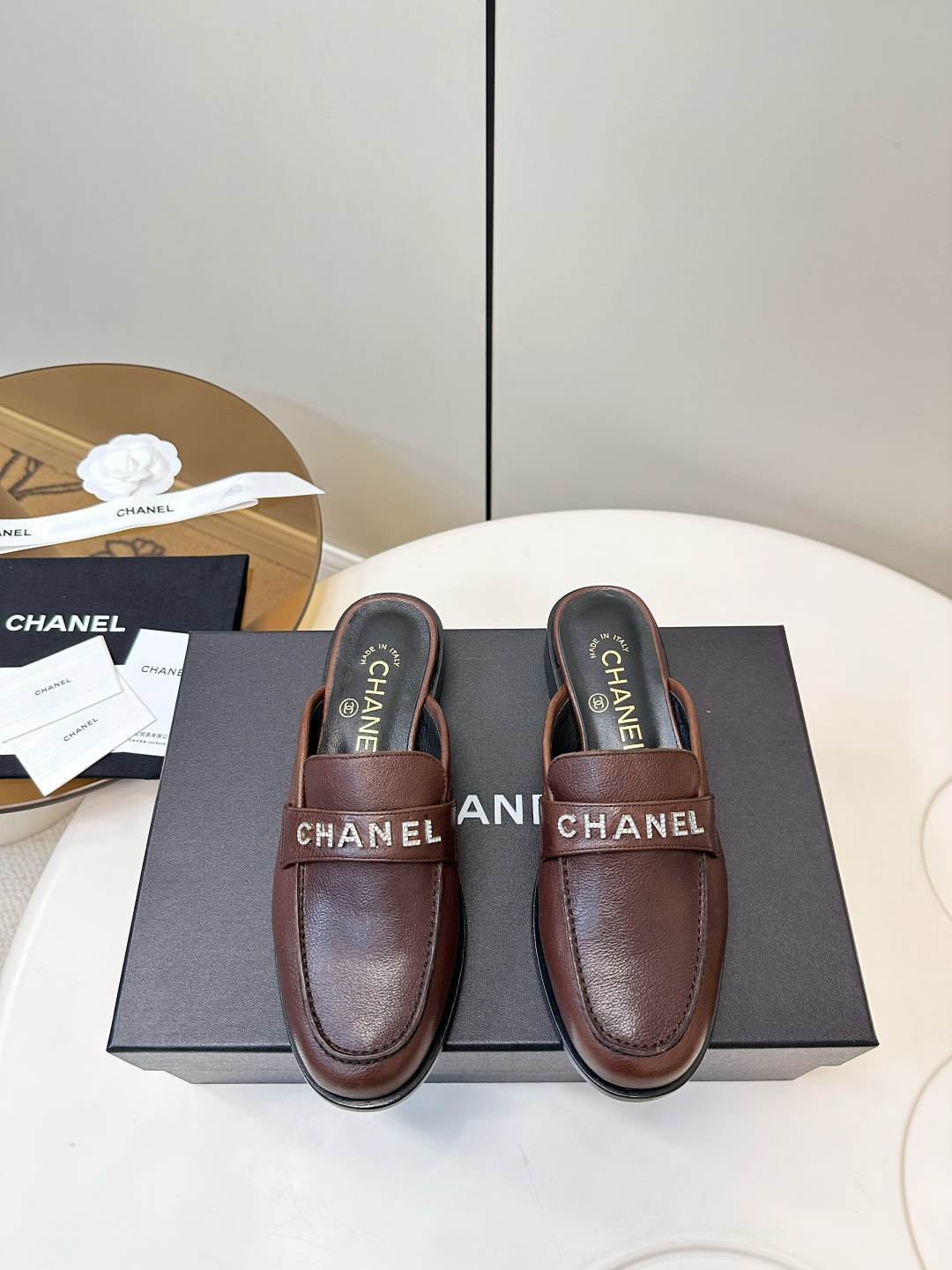 Chanel Crystal Logo Brown Leather Mules – Luxury Slip-on Loafers