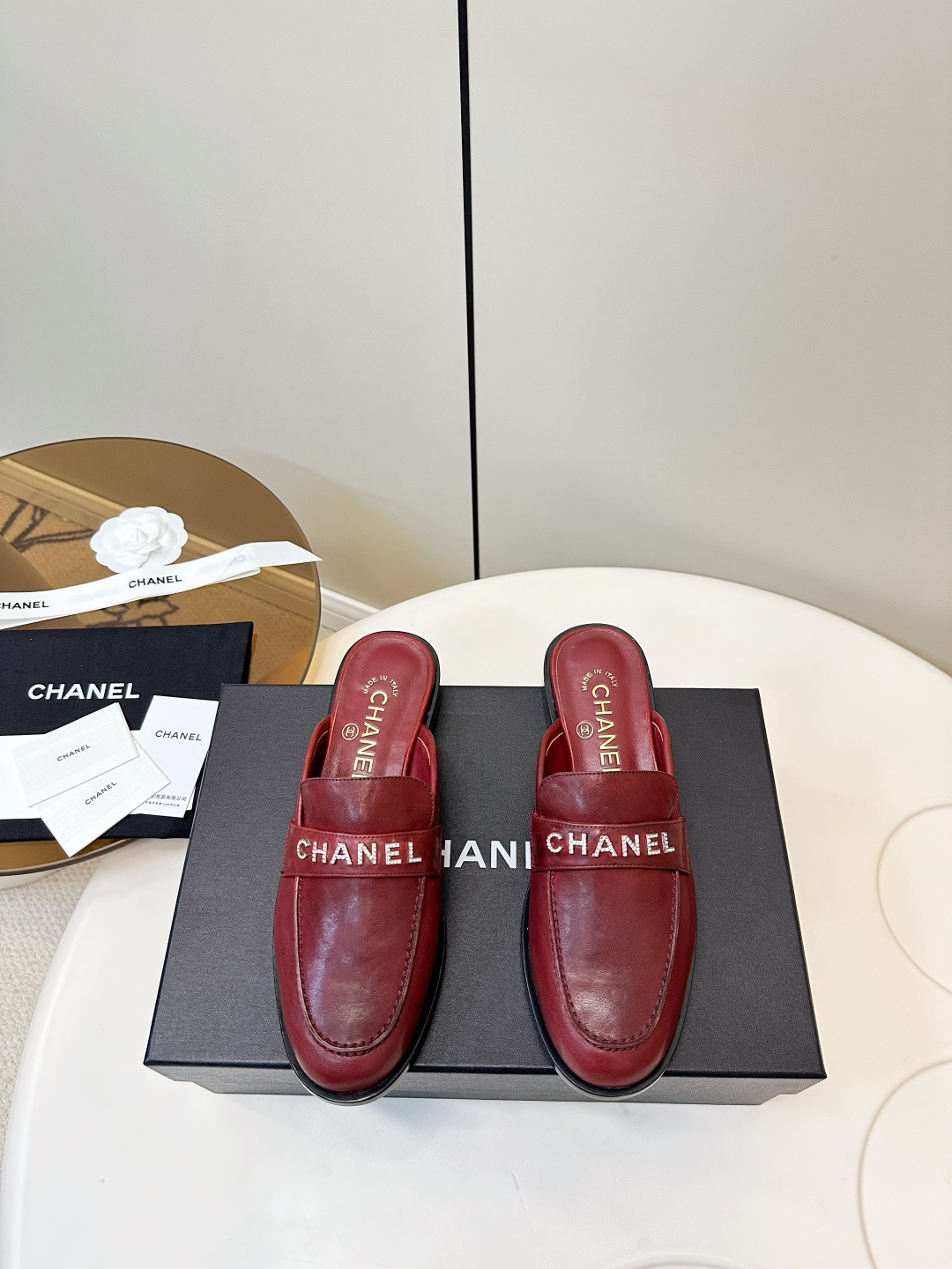 Chanel Red Leather Mules with Crystal Embellished Logo