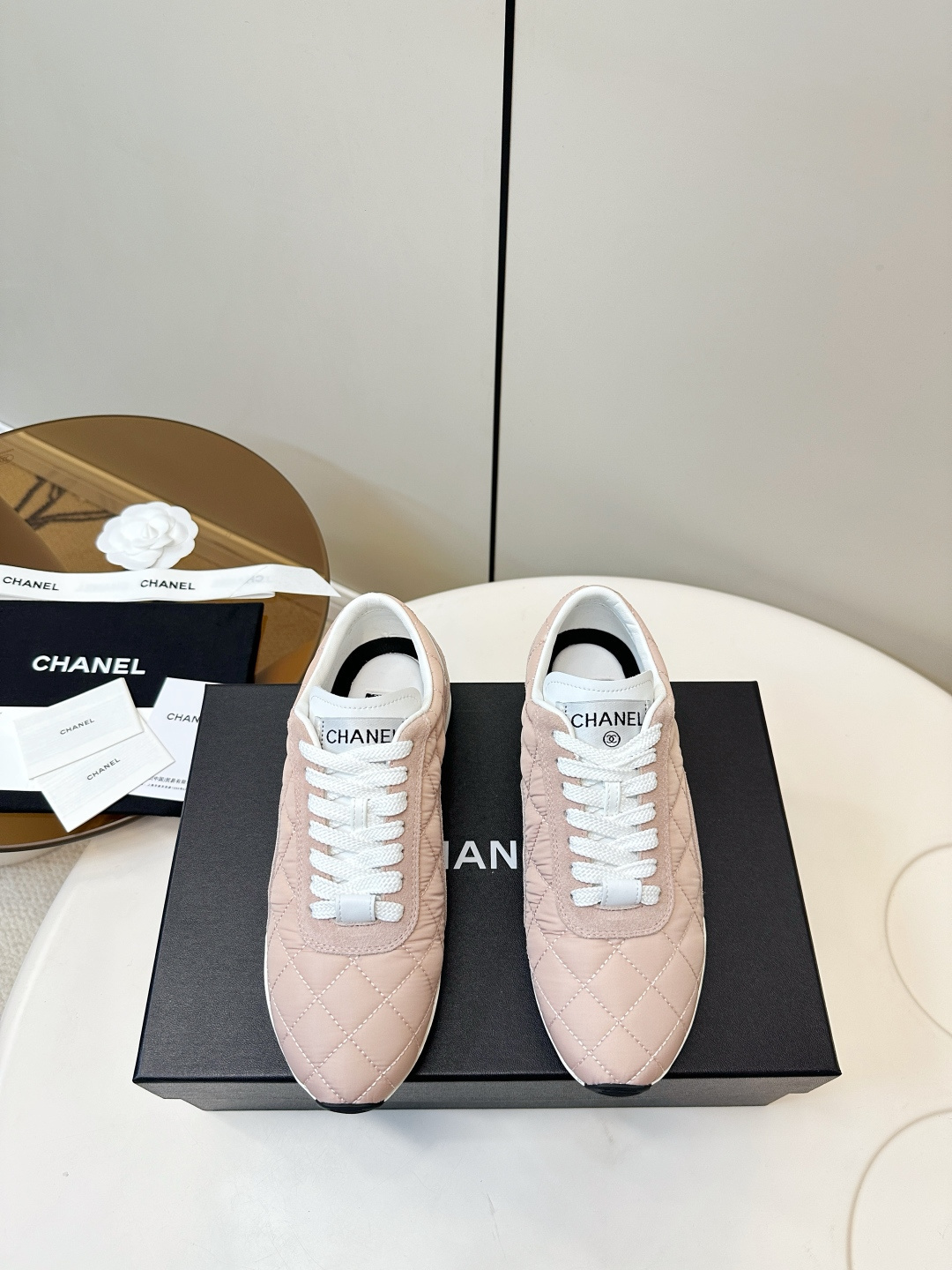 Chanel Luxury Pink Quilted Fabric and Suede Sneakers for Women