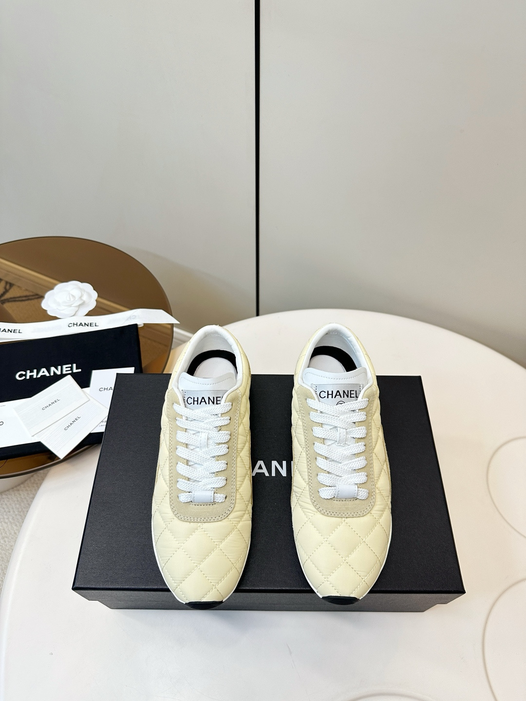 Chanel Quilted Fabric Sneakers – Cream Yellow Luxury Footwear
