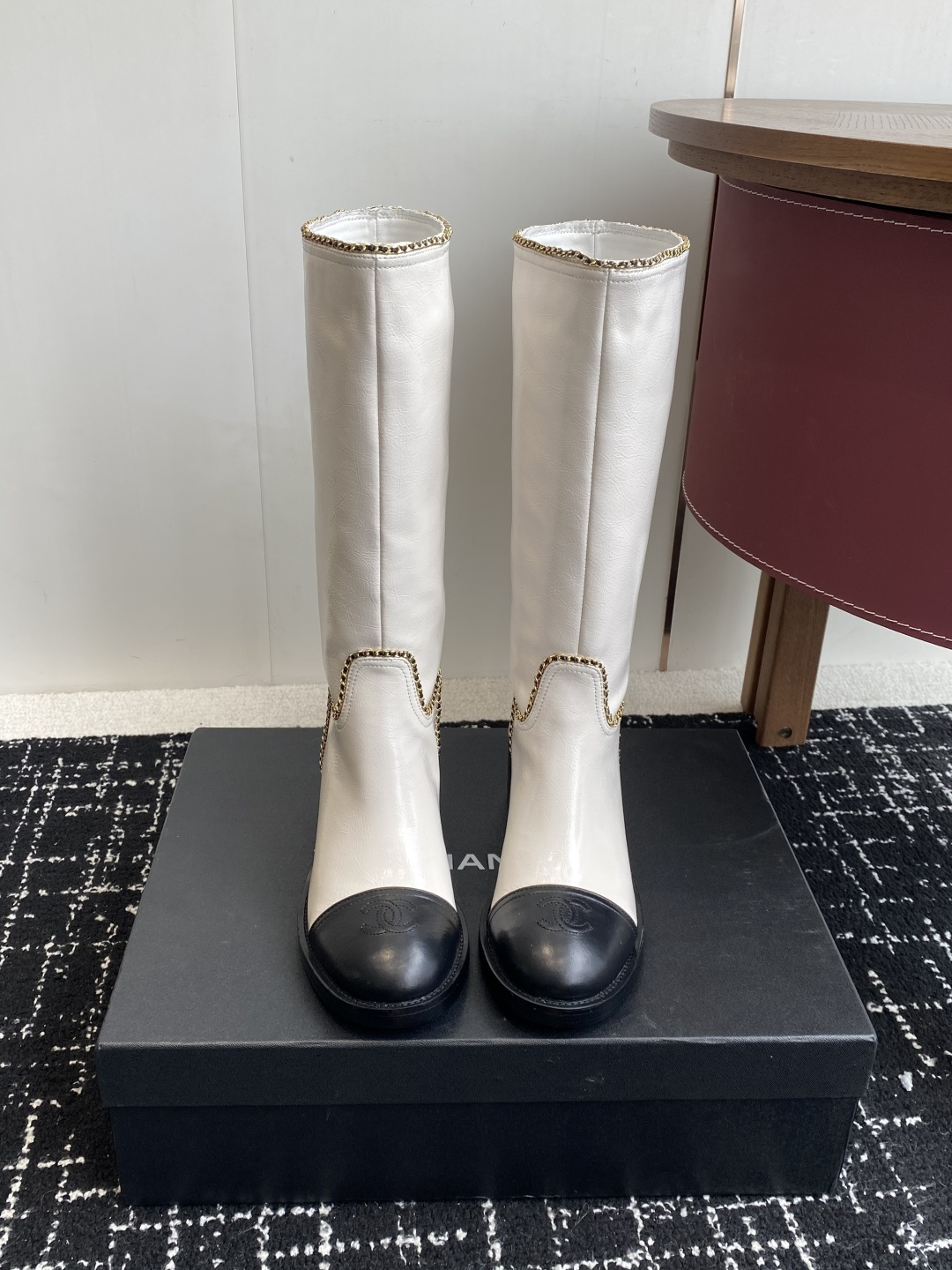 Chanel Two-Tone White Leather Knee-High Boots with Gold Chain Trim