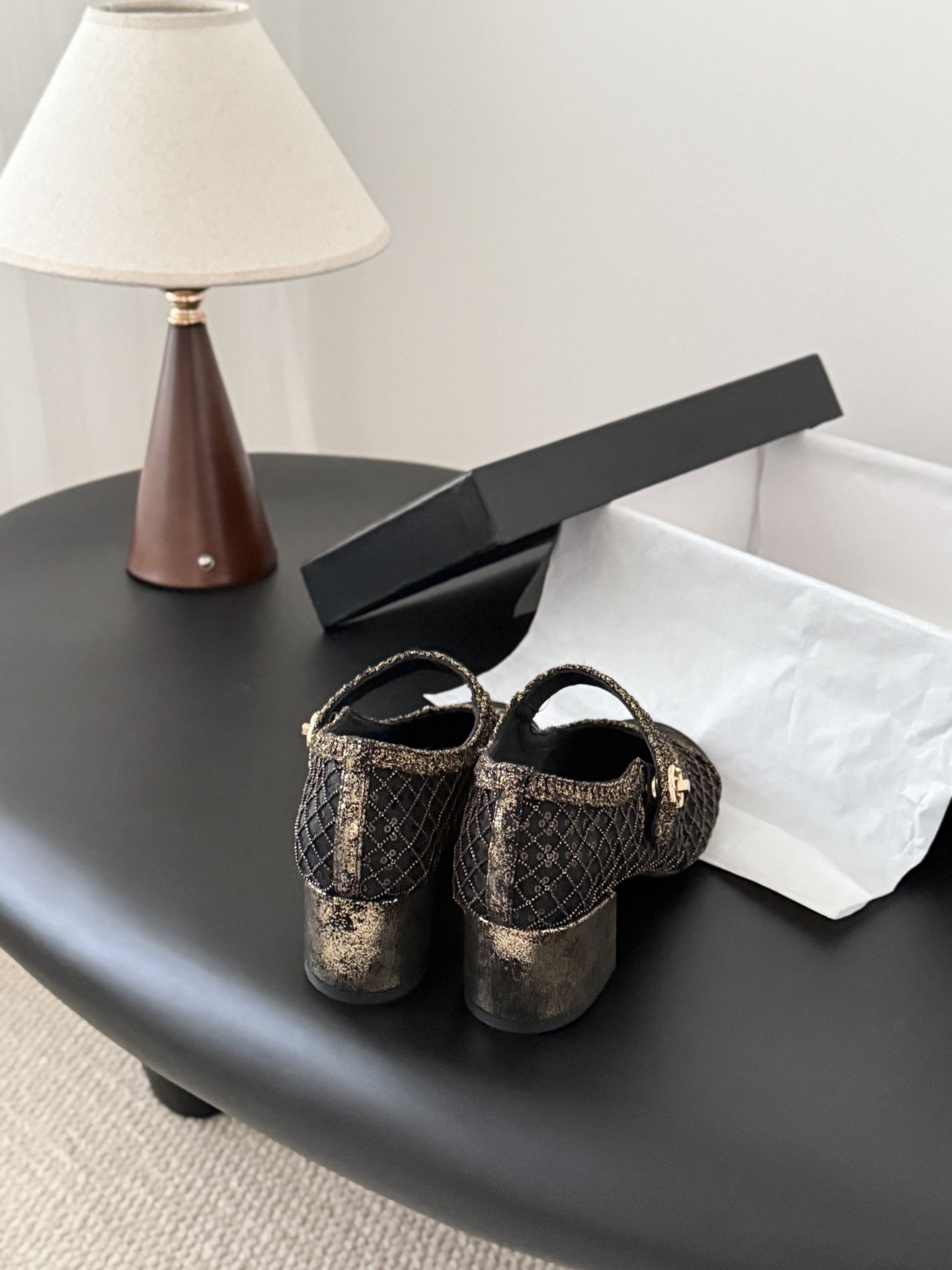 A pair of Chanel black mesh Mary Jane pumps with gold glitter quilted pattern and CC logo button detail shown with original box. - Hình 8