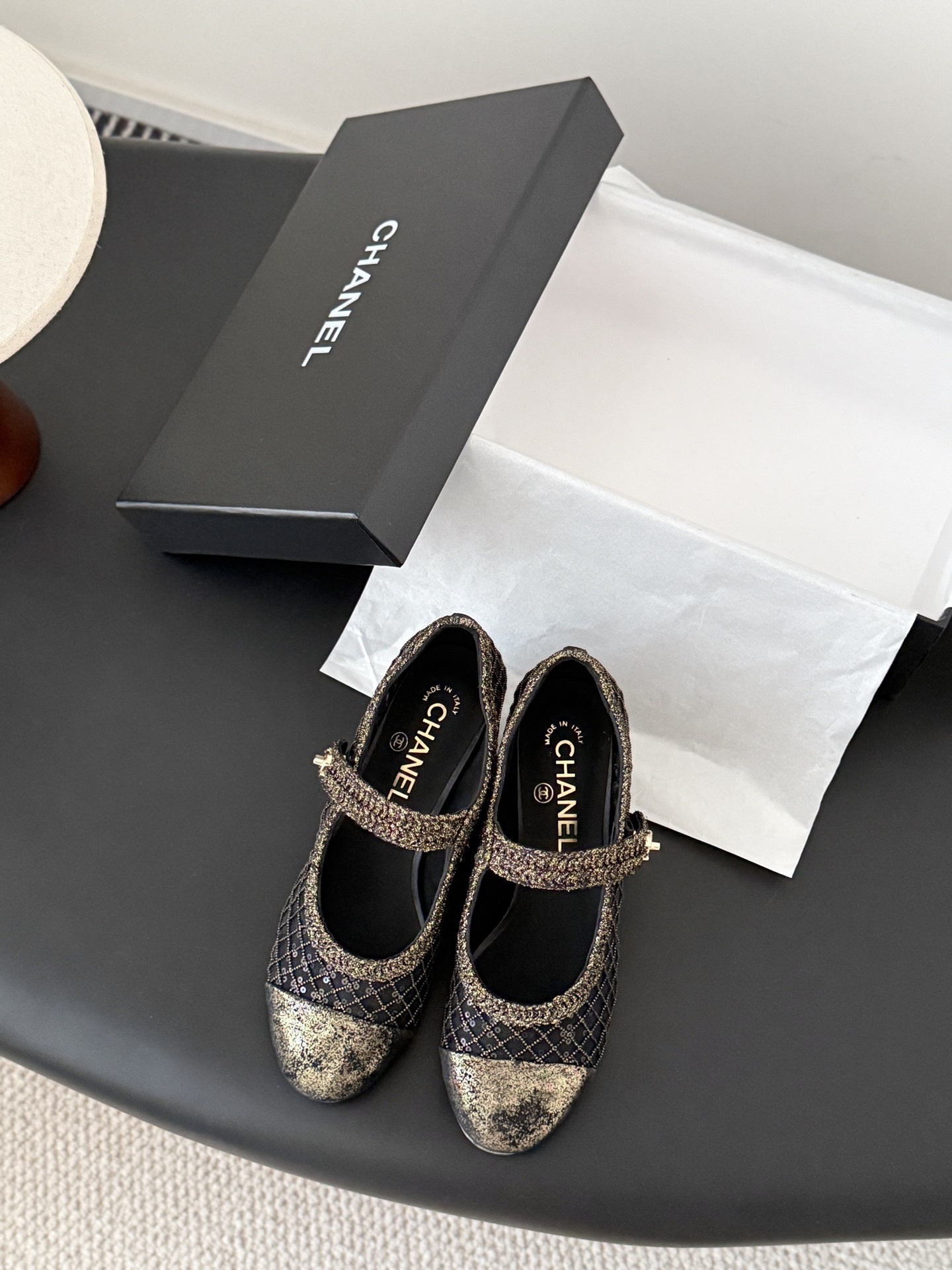 Chanel Gold & Black Quilted Mesh Mary Jane Block Heel Pumps