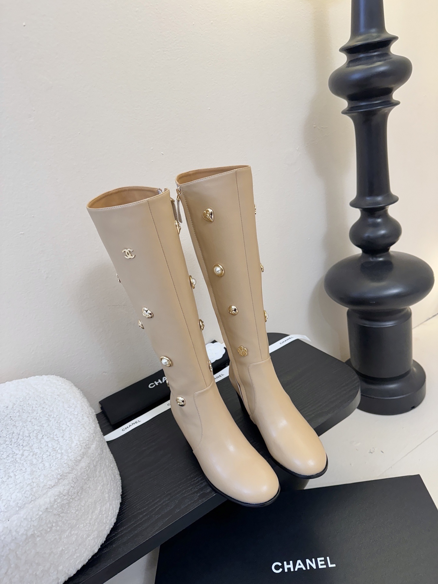 Chanel Beige Leather Knee-High Boots with Pearl & Gold Charms