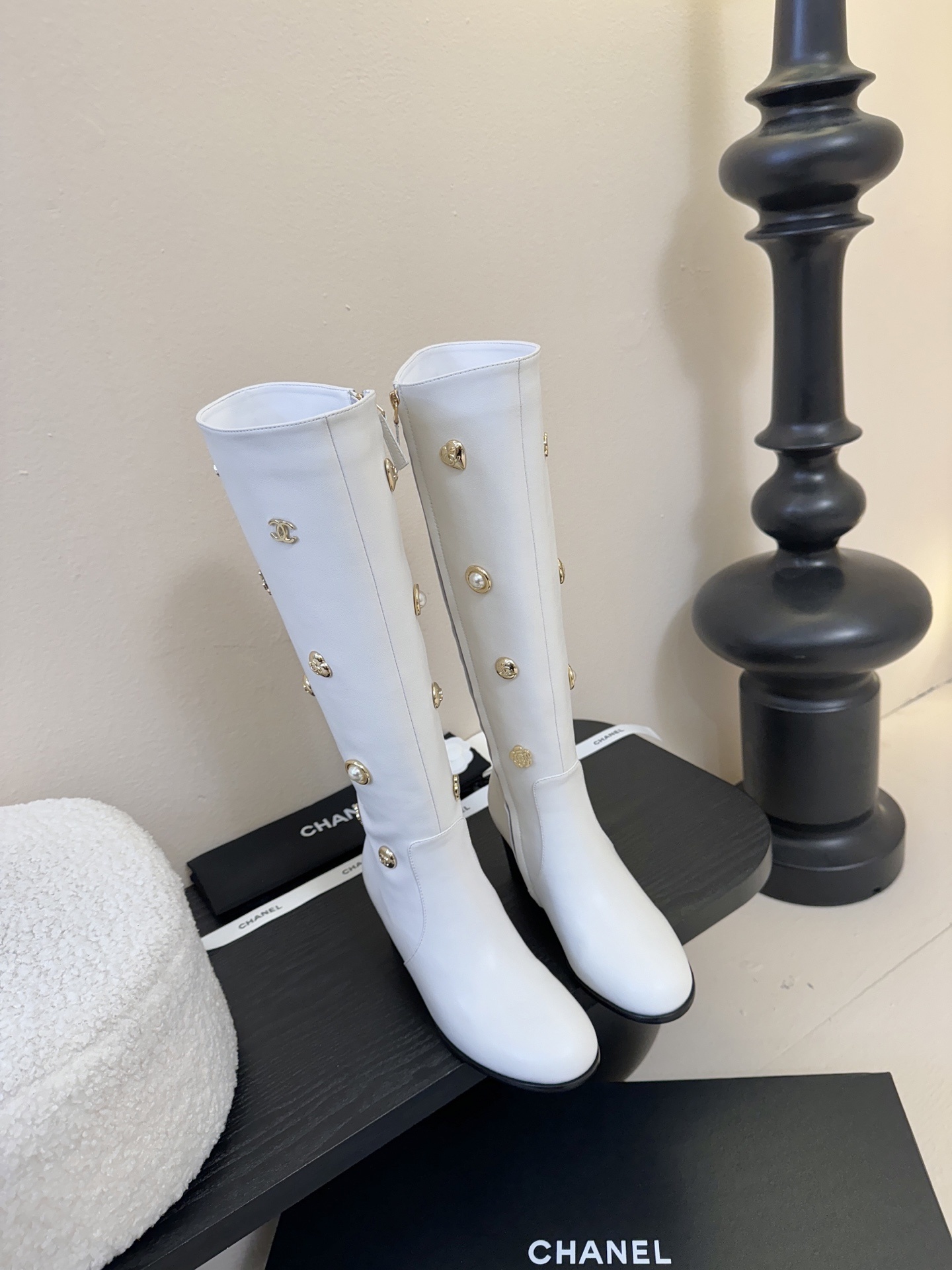Chanel White Leather Knee-High Boots with Gold Pearl Charms