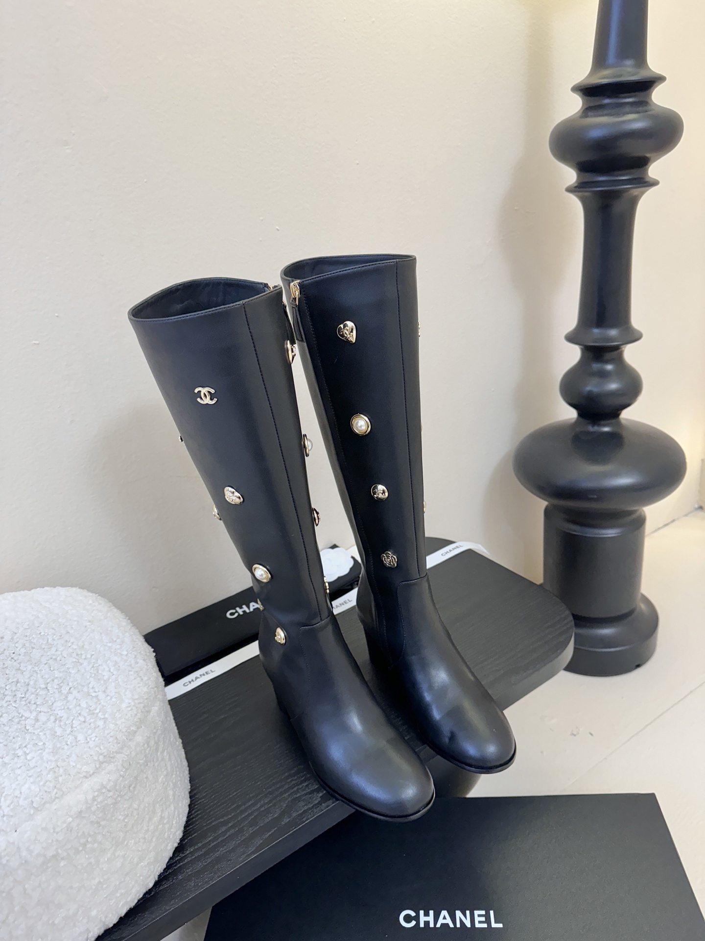 Chanel Black Leather Knee-High Boots with Gold Charms & Pearls
