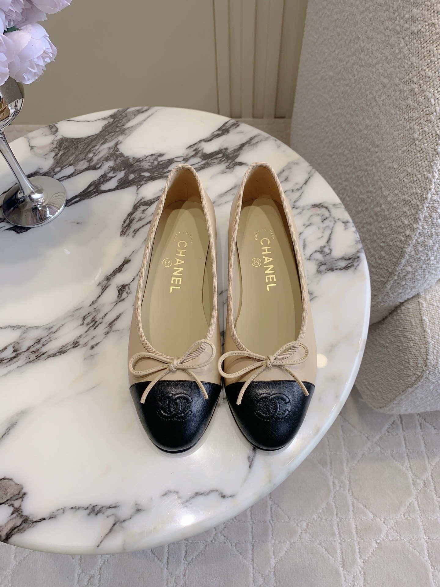 Chanel Classic Two-Tone Beige & Black Leather Ballerina Flats