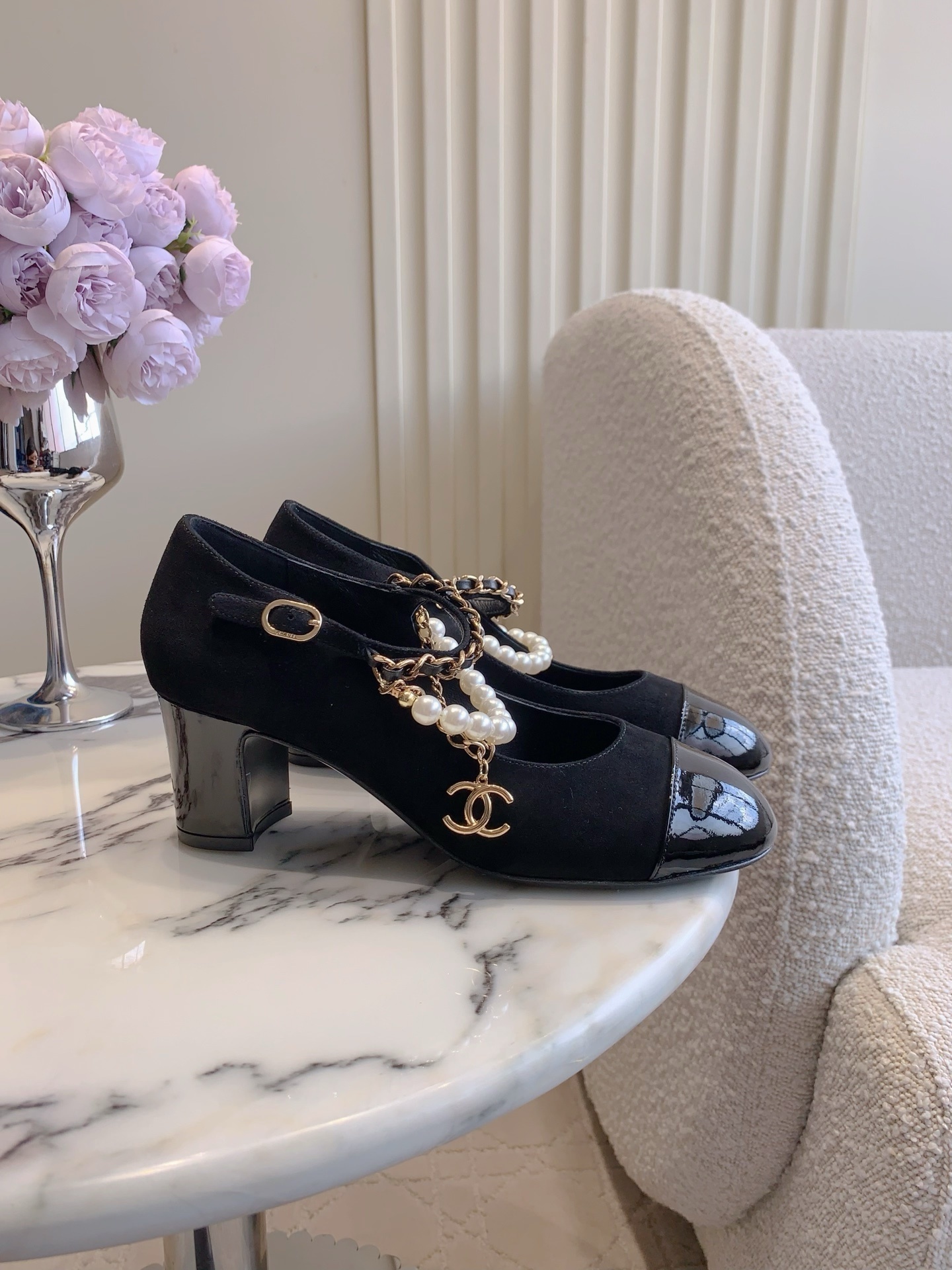 Chanel Luxury Pearl Chain Mary Jane Heels in Black Suede