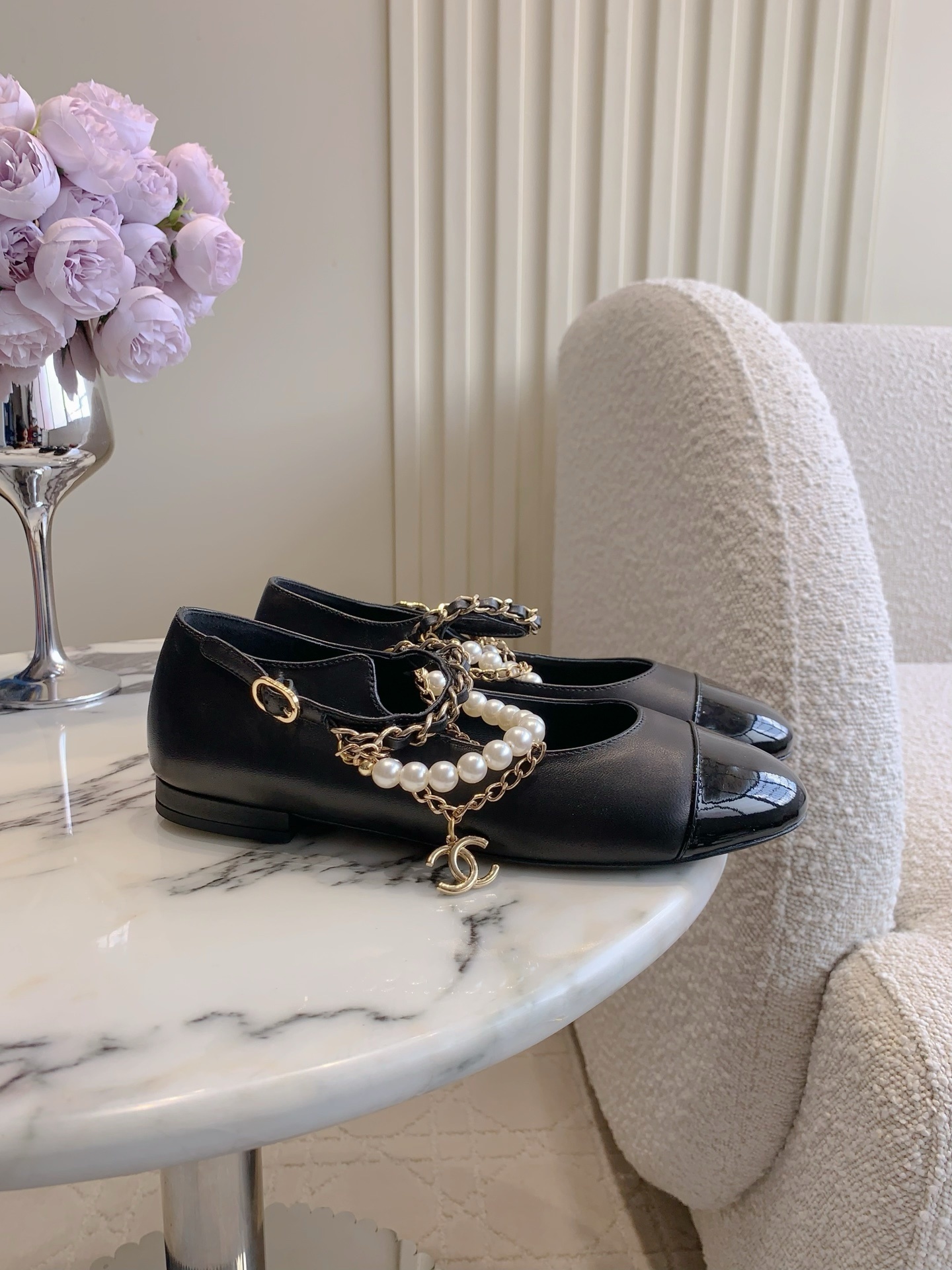 Chanel Black Mary Jane Flats with Pearl and Gold Chain Strap