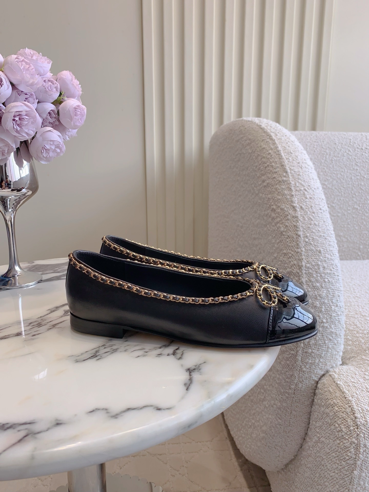 Chanel Black Leather Ballet Flats with Gold Chain & Bow Detail