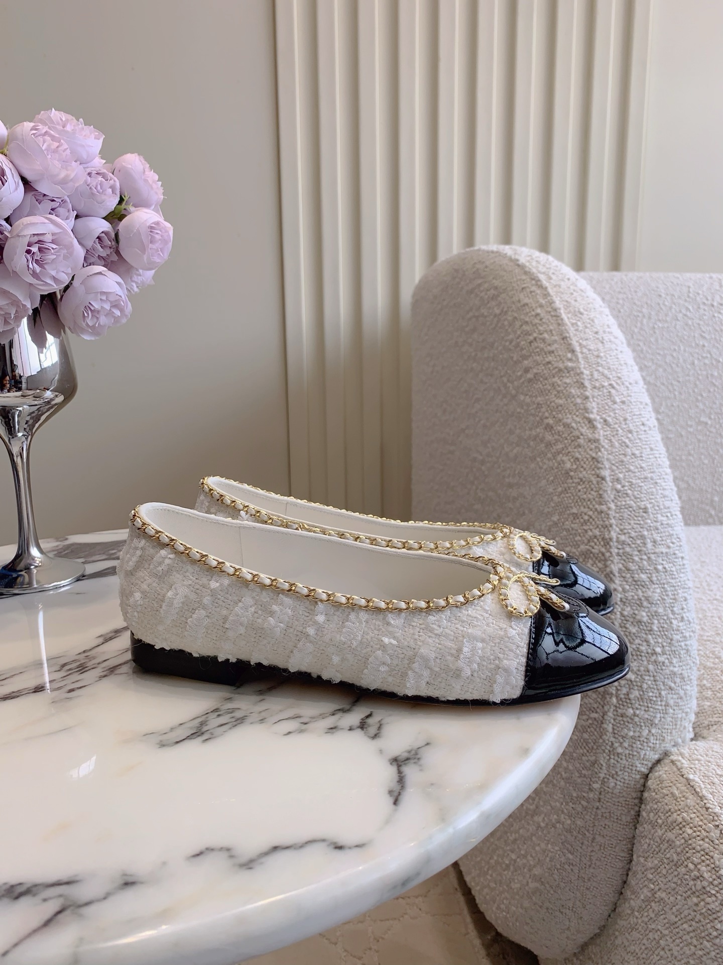 Chanel White Tweed Ballet Flats with Black Cap Toe and Gold Chain