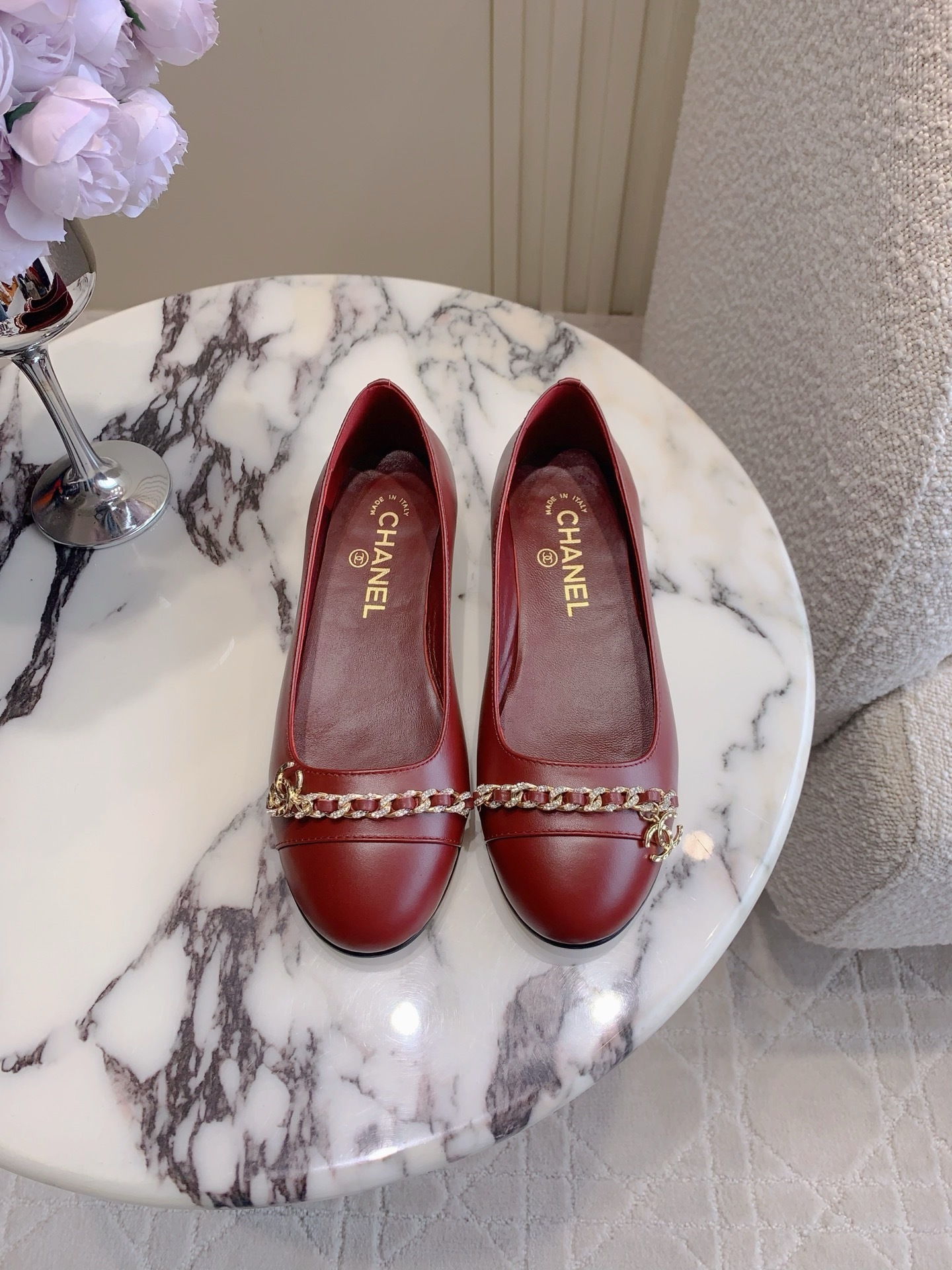Chanel Burgundy Leather Ballet Flats with Gold Chain & CC Logo