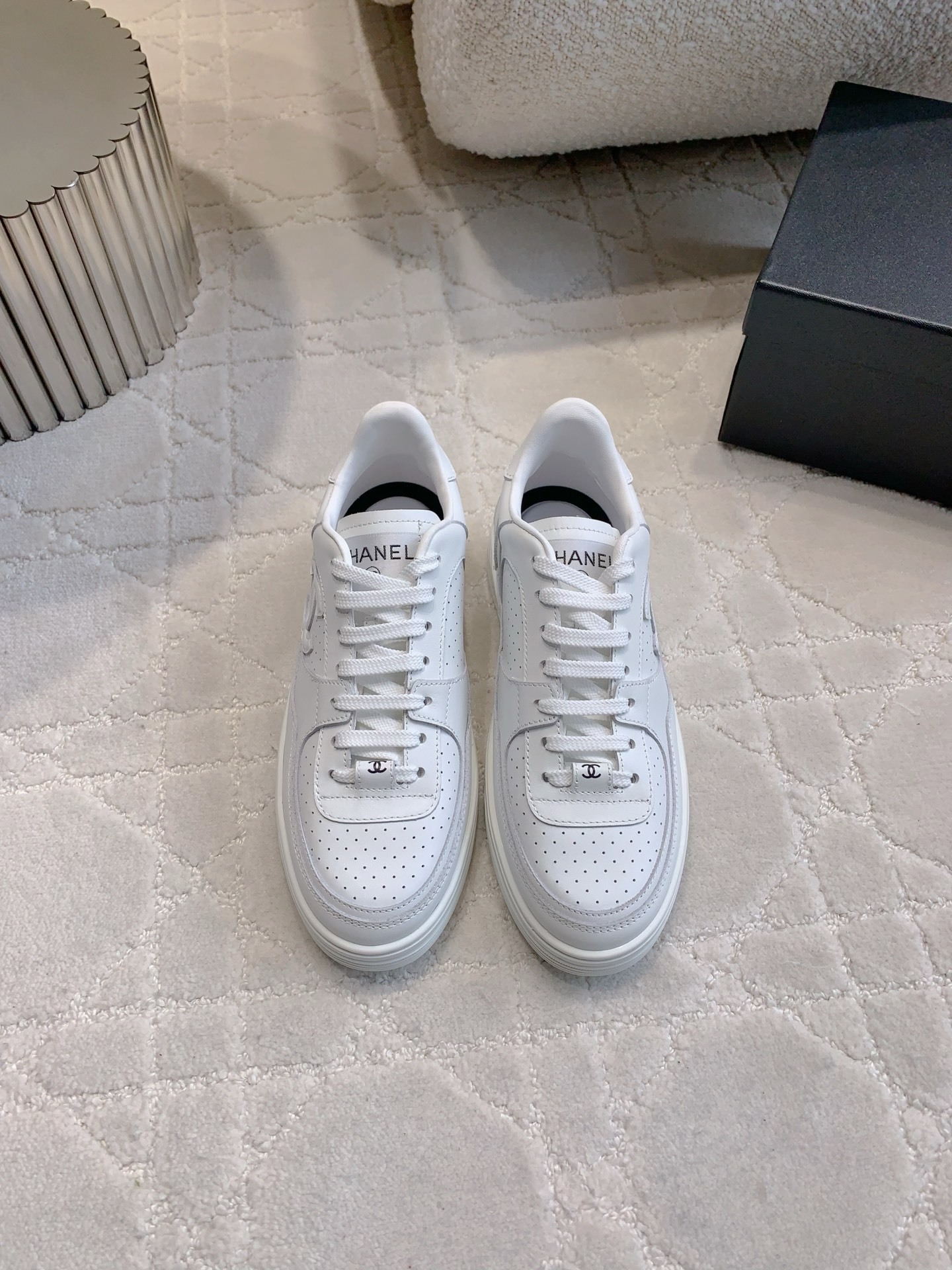 Premium Chanel White Leather Sneakers with Iconic CC Logo