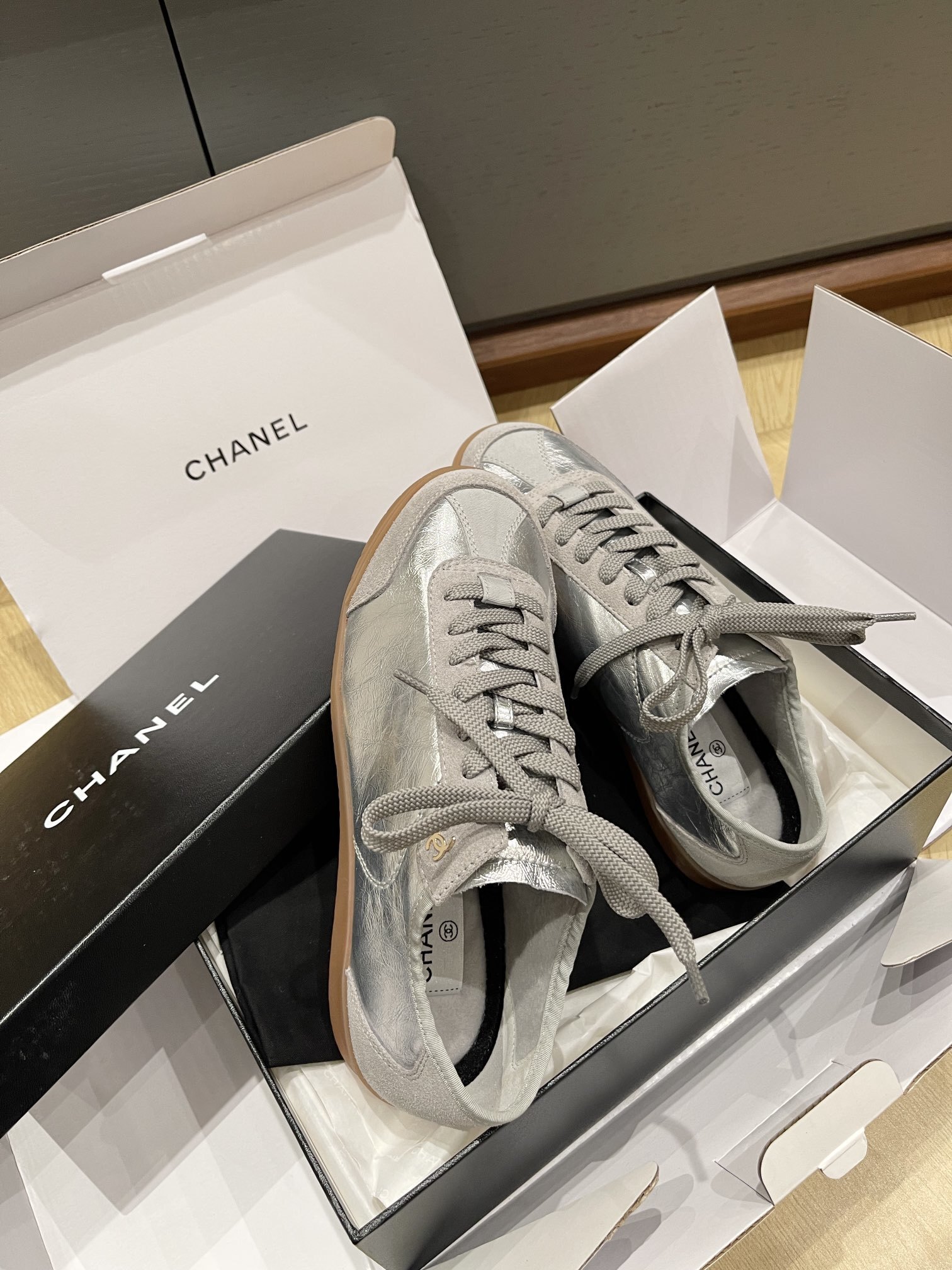 Chanel Silver Metallic & Suede Sneakers with Gum Sole
