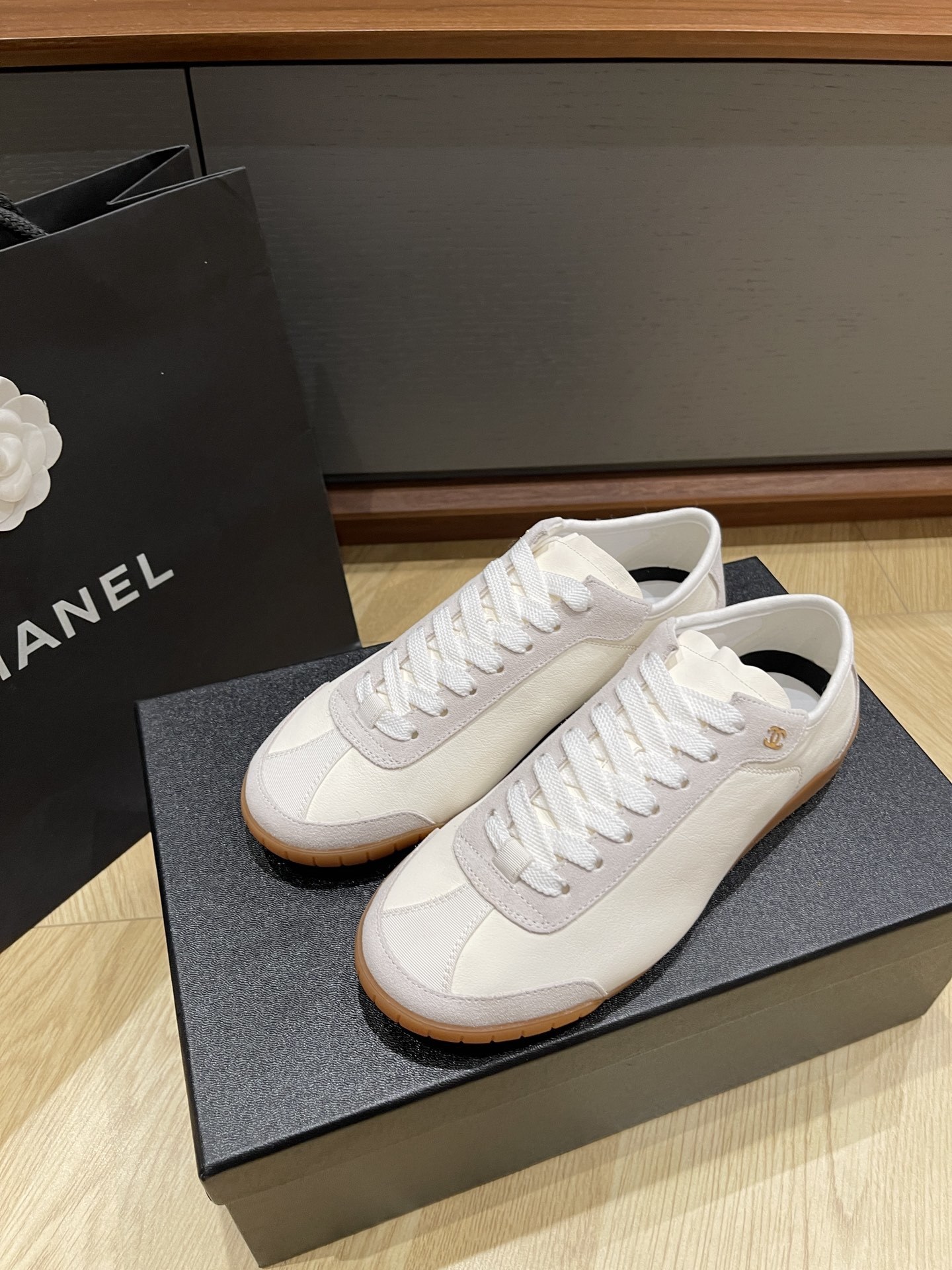 Chanel White Leather & Suede Low-Top Sneakers with Gum Sole