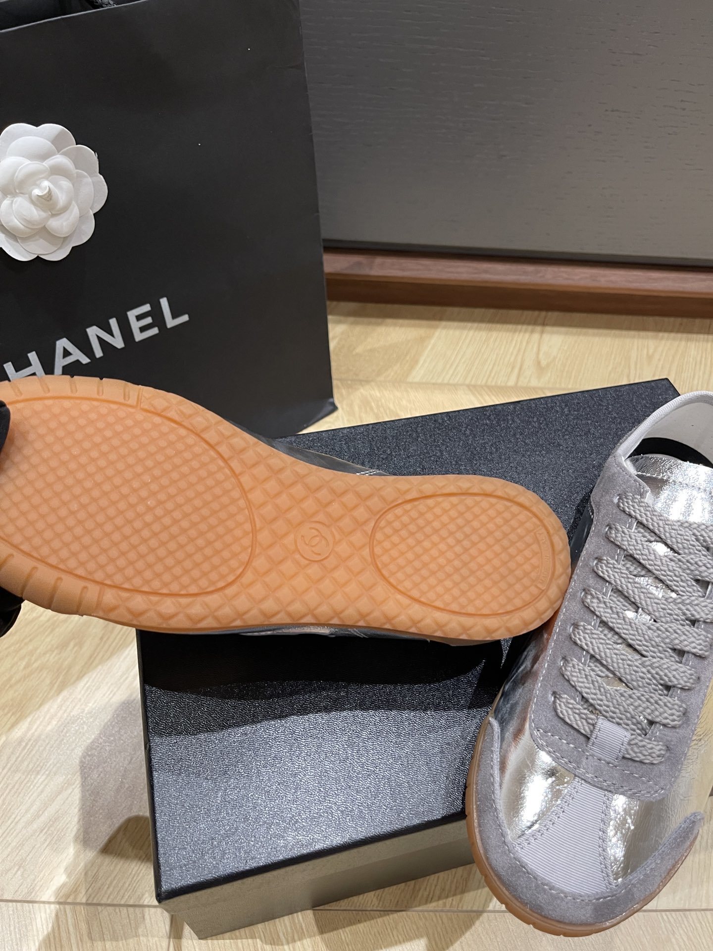 Chanel Silver Metallic & Grey Suede Low-Top Sneakers