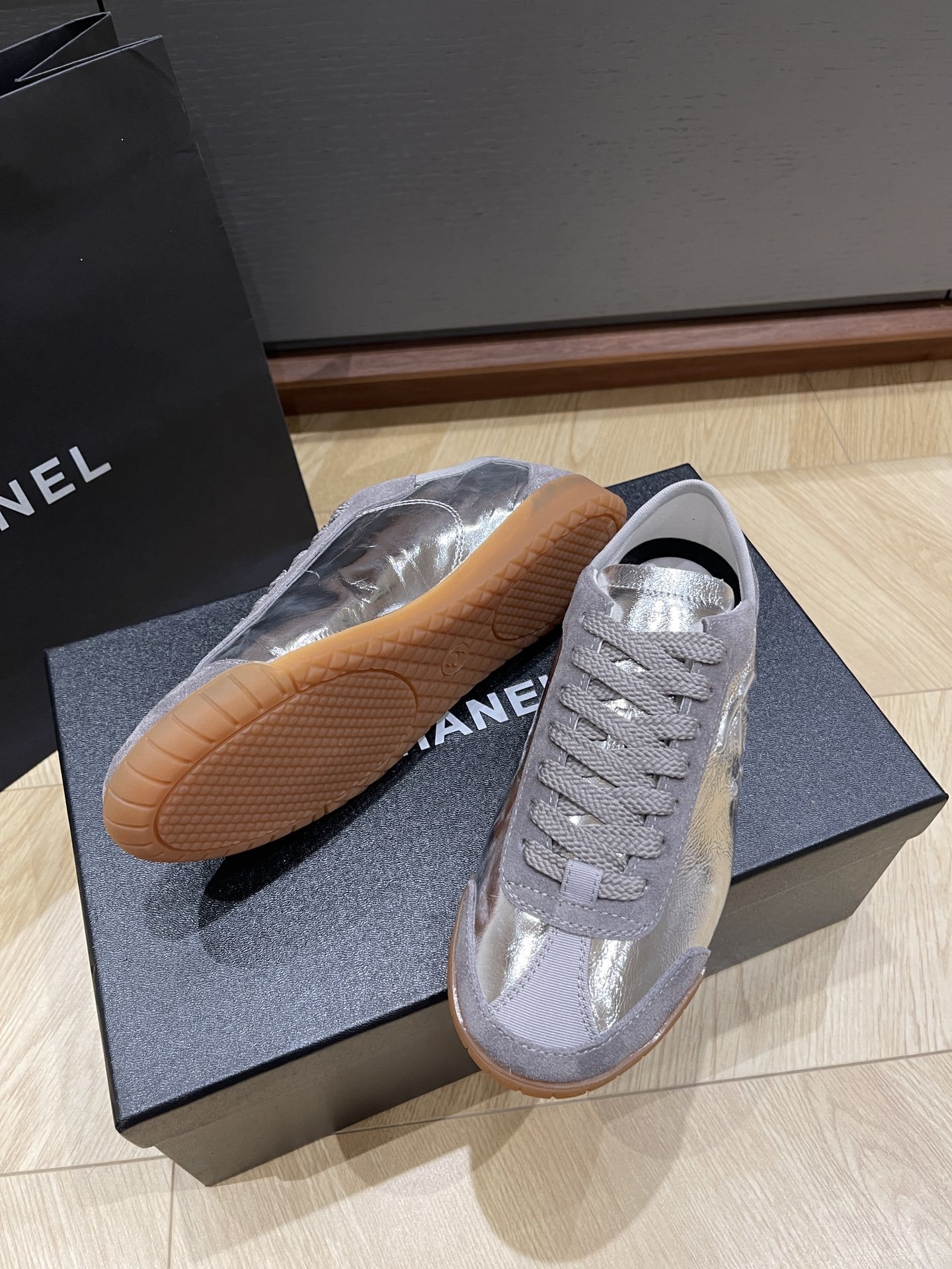 Chanel Silver Metallic & Grey Suede Low-Top Sneakers