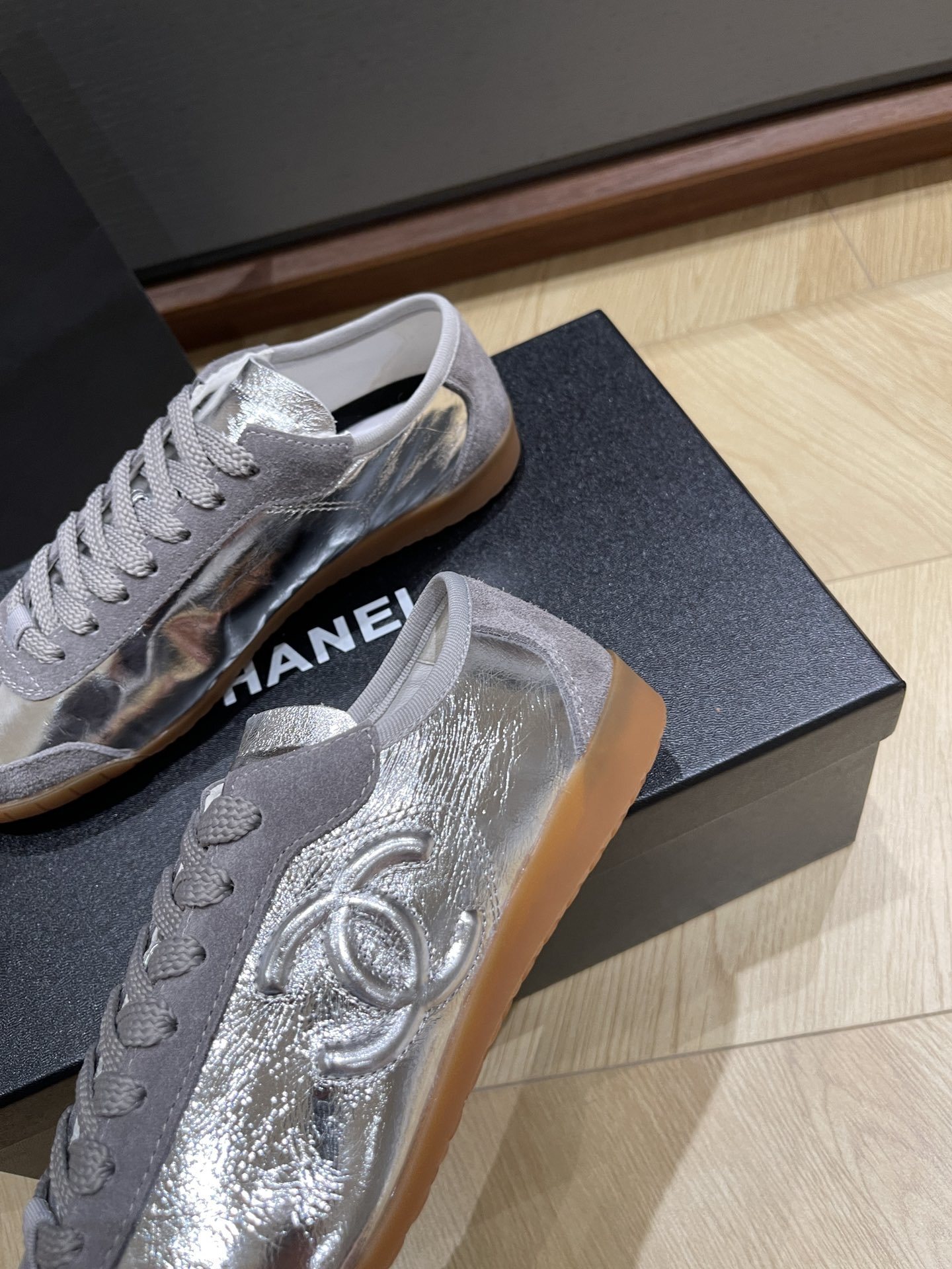 Chanel Silver Metallic & Grey Suede Low-Top Sneakers
