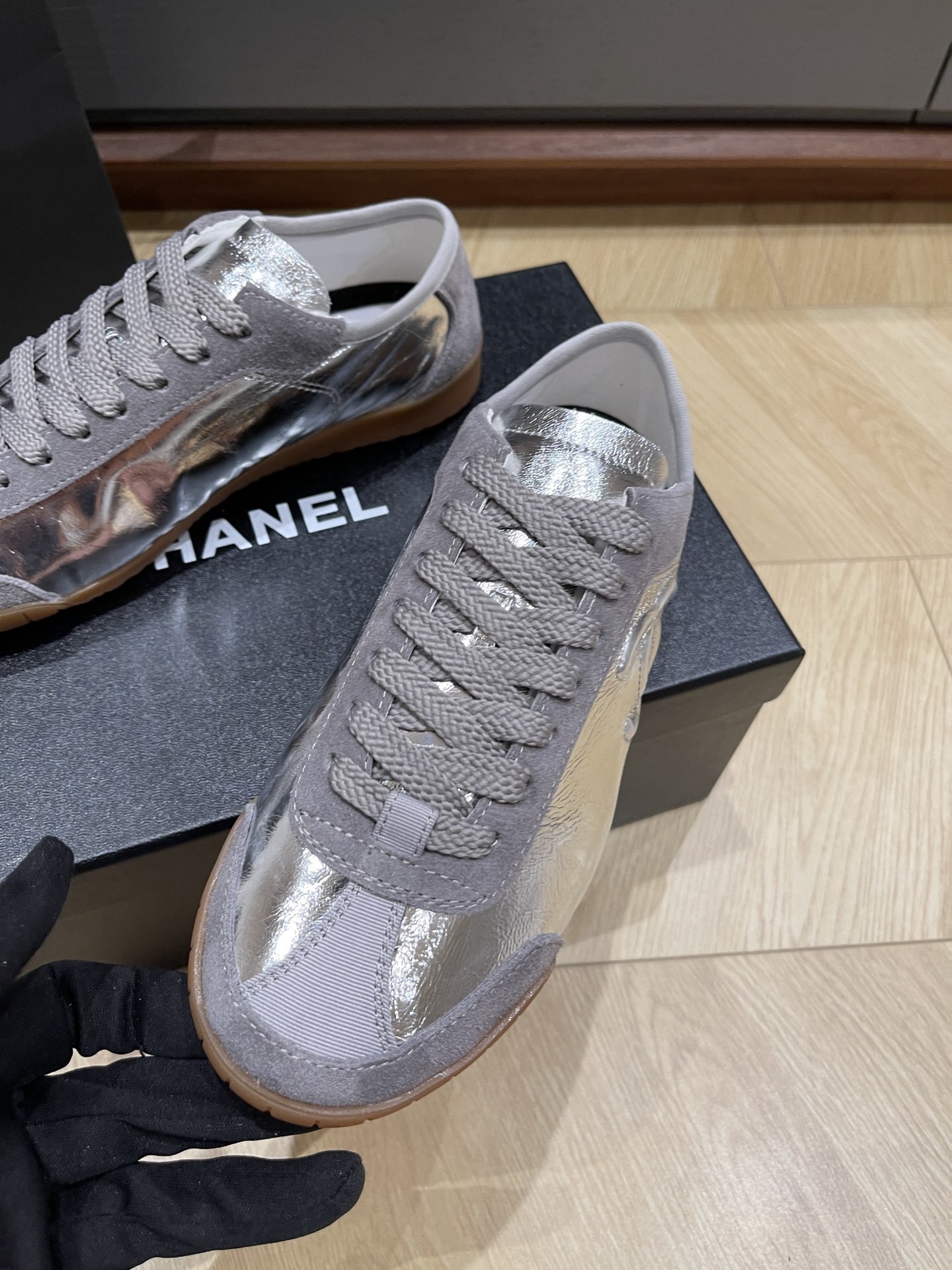 Chanel Silver Metallic & Grey Suede Low-Top Sneakers