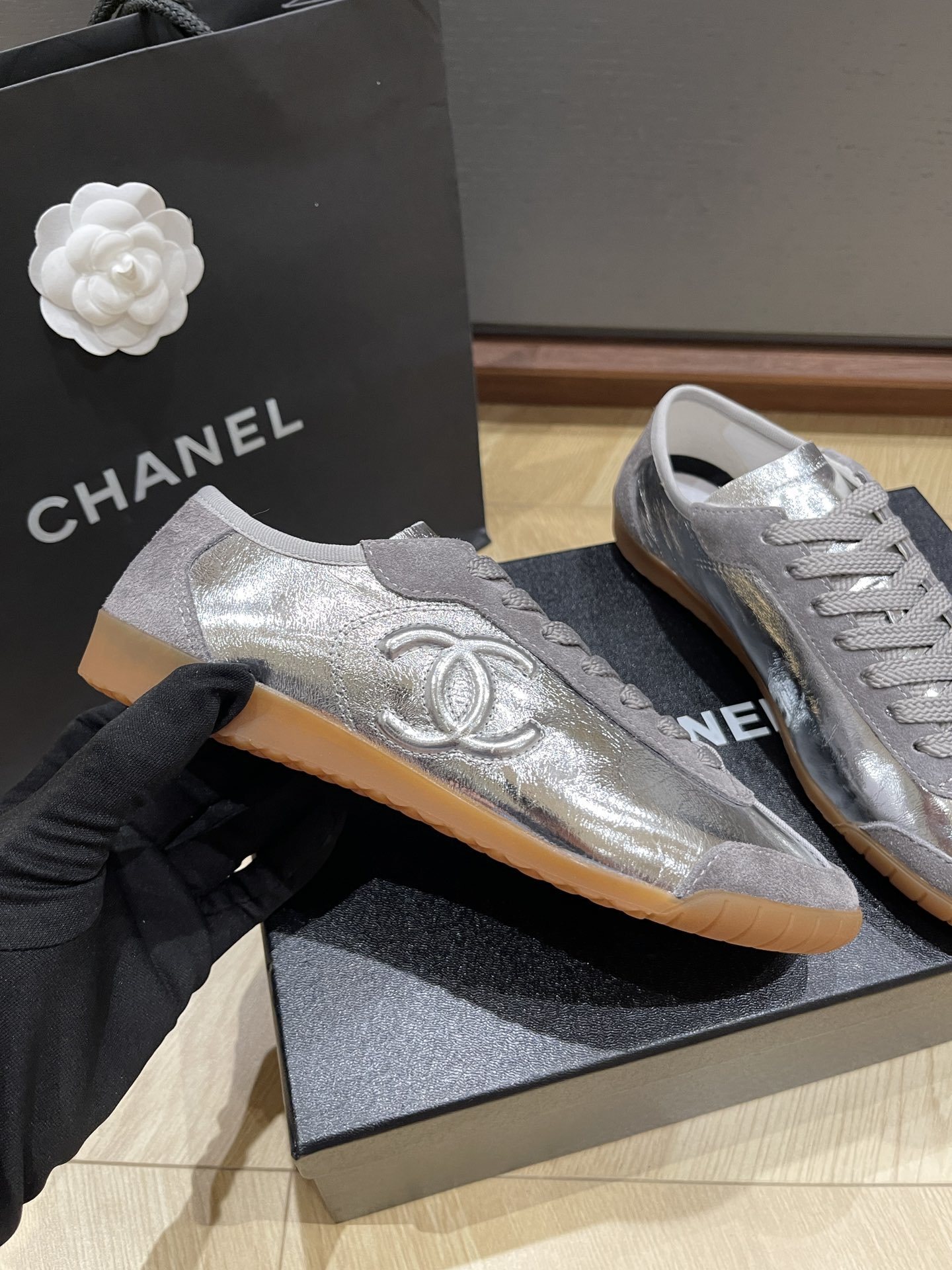 Chanel Silver Metallic & Grey Suede Low-Top Sneakers