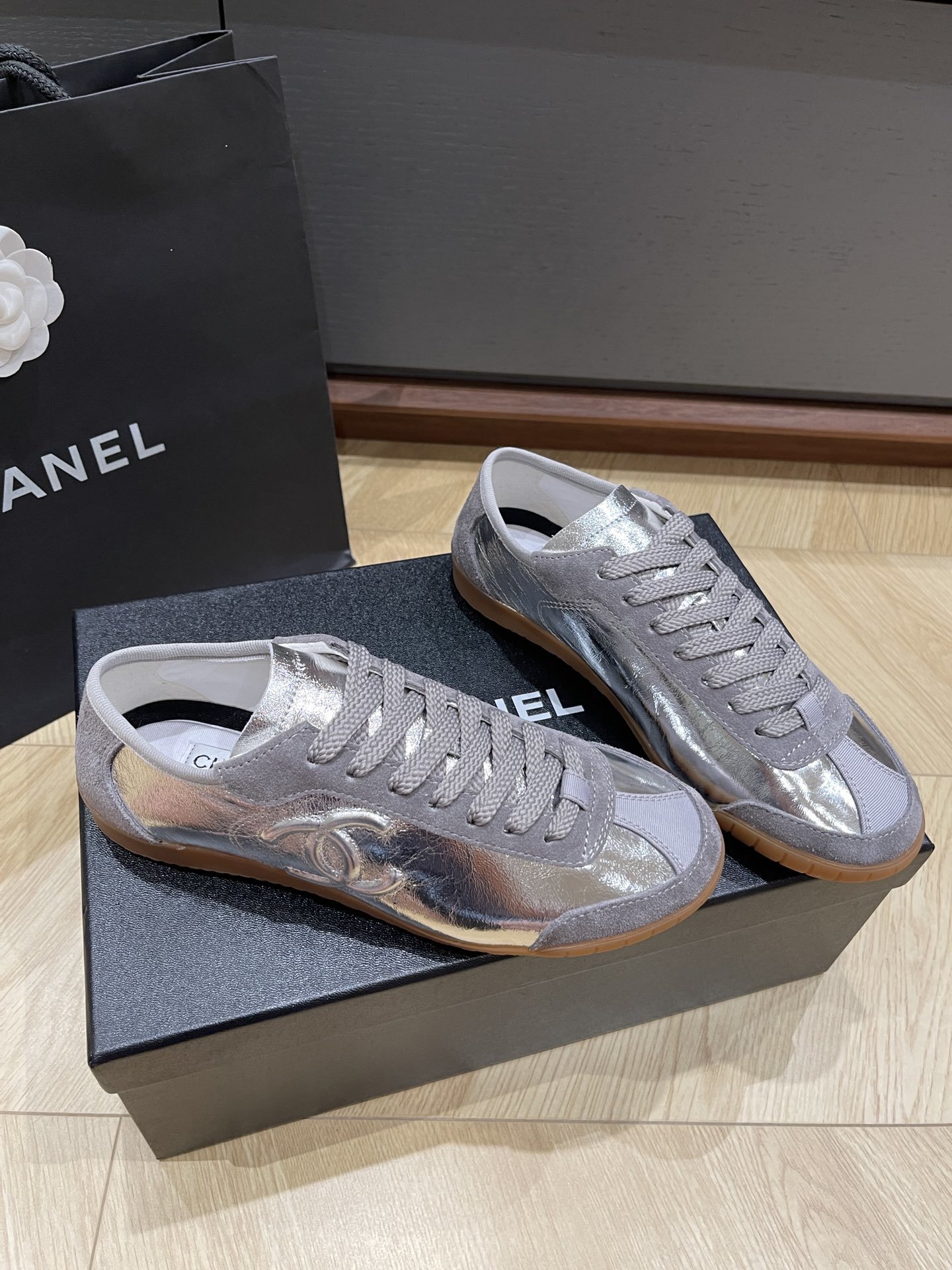 Chanel Silver Metallic & Grey Suede Low-Top Sneakers