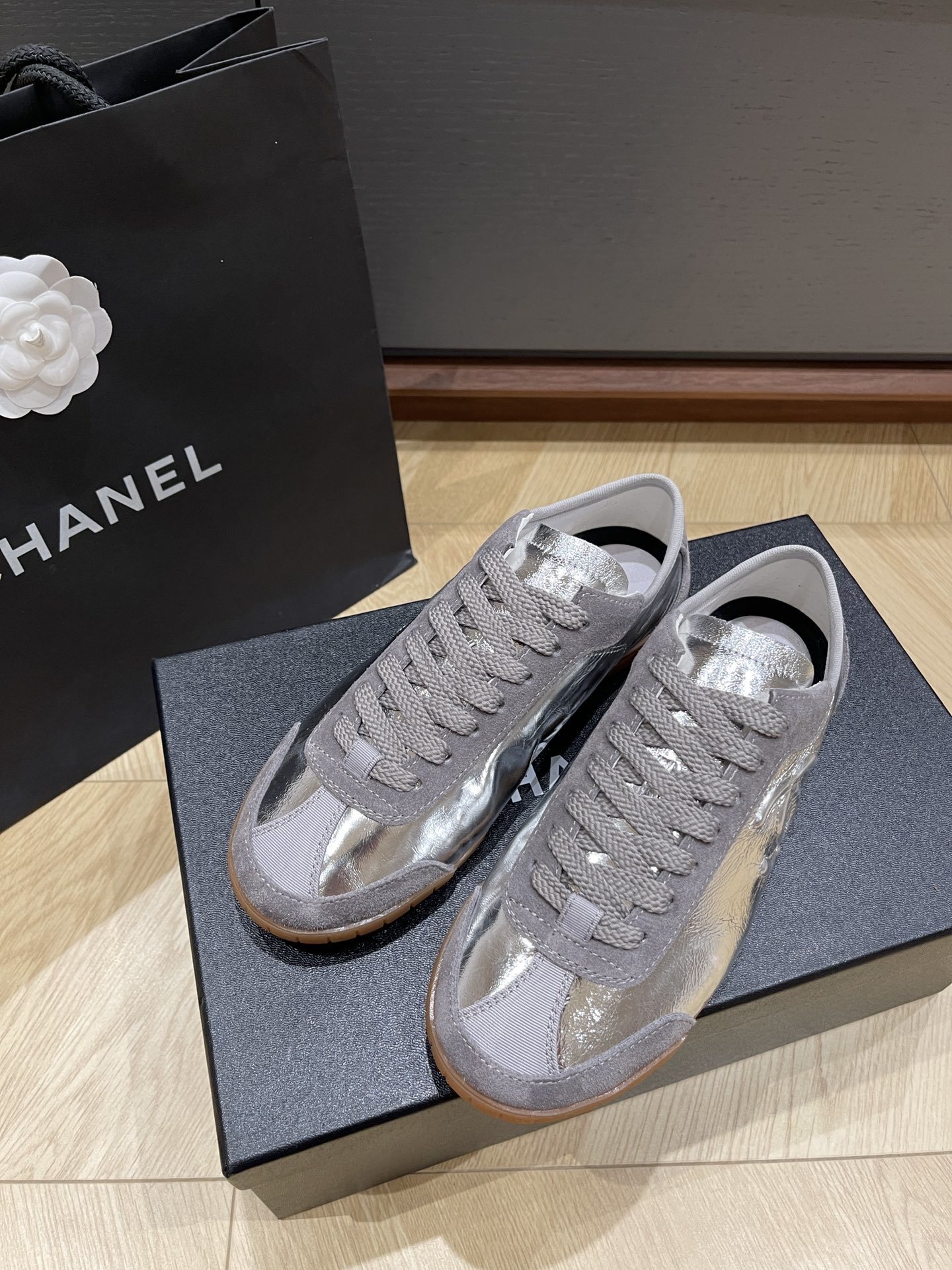Chanel Silver Metallic & Grey Suede Low-Top Sneakers