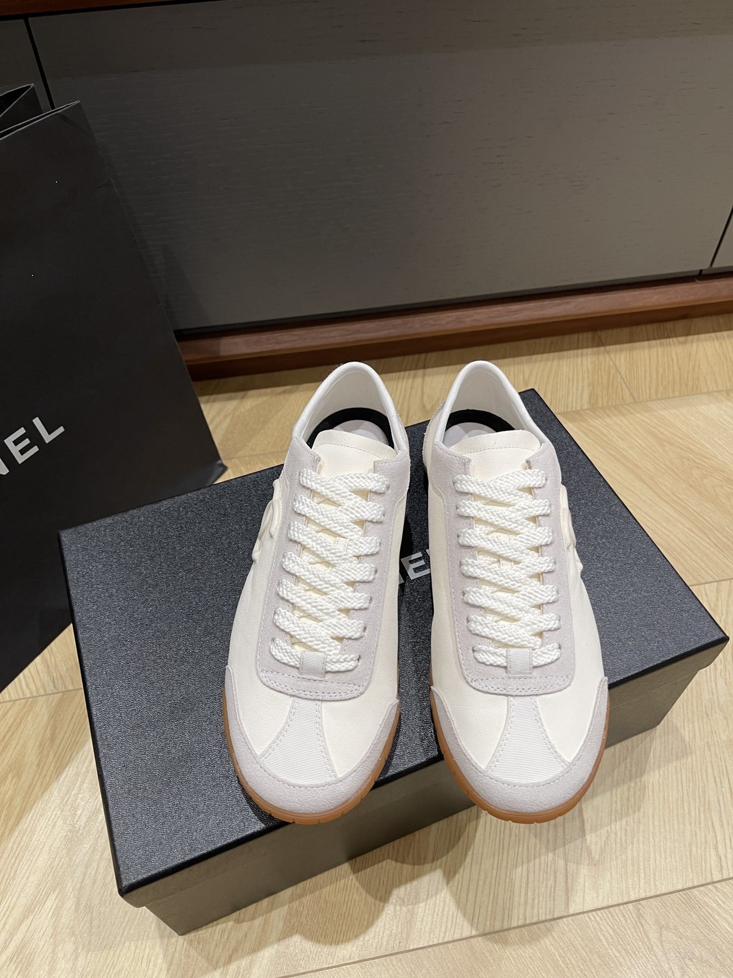 Chanel CC Logo White Suede Low-Top Sneakers with Gum Sole