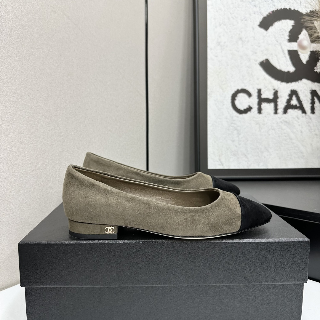 Luxury Suede Cap-Toe Ballerina Flats with Gold CC Logo Heel