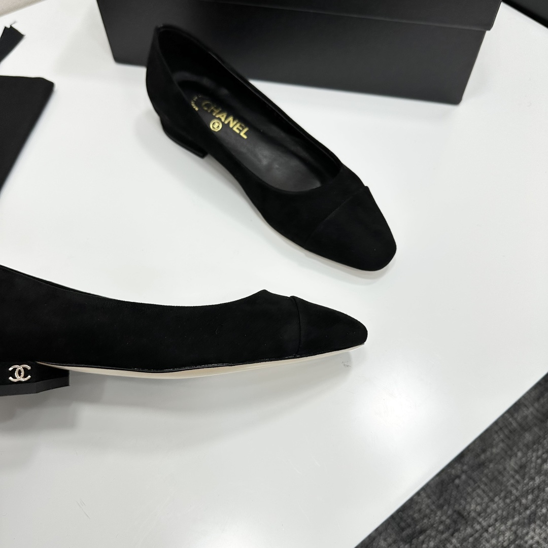 Chanel Classic Black Suede Ballet Flats with Gold CC Logo Heel