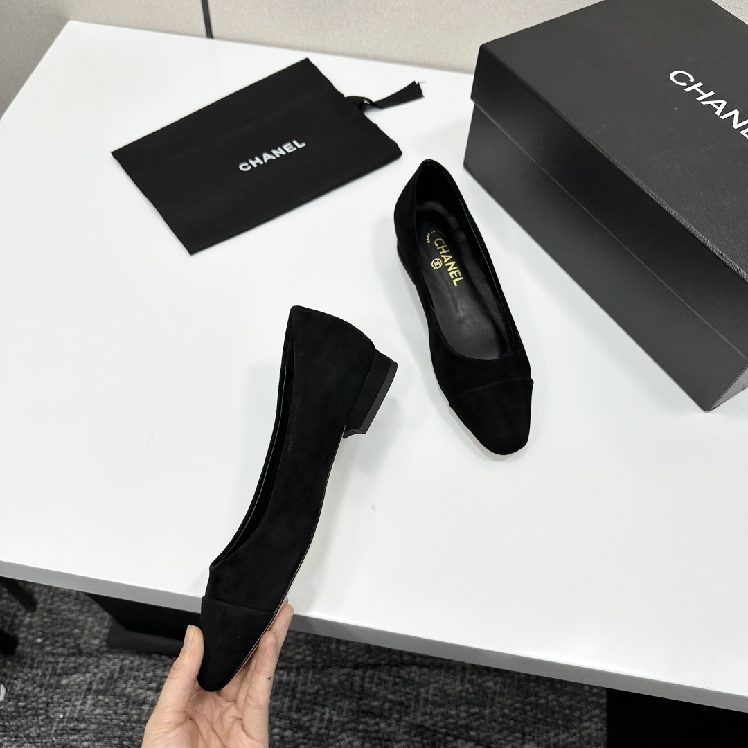 Chanel Classic Black Suede Ballet Flats with Gold CC Logo Heel