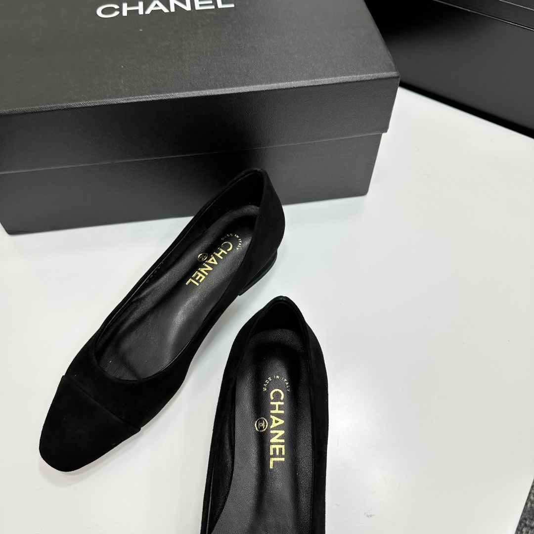 Chanel Classic Black Suede Ballet Flats with Gold CC Logo Heel