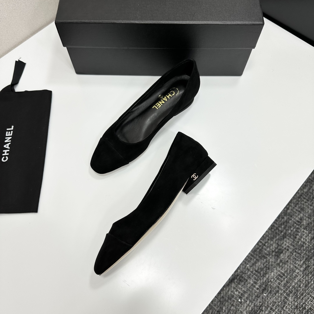Chanel Classic Black Suede Ballet Flats with Gold CC Logo Heel