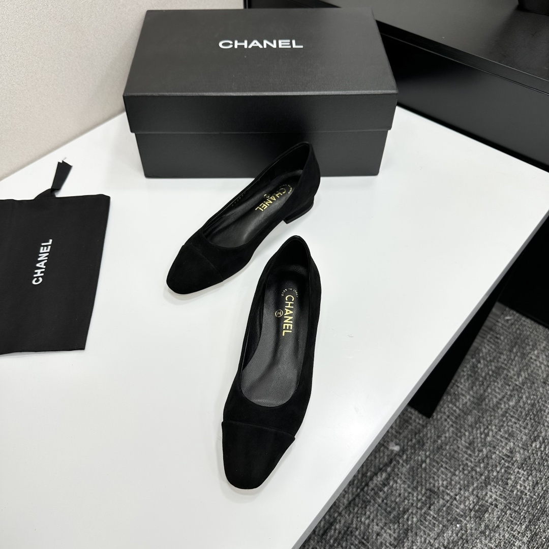 Chanel Classic Black Suede Ballet Flats with Gold CC Logo Heel