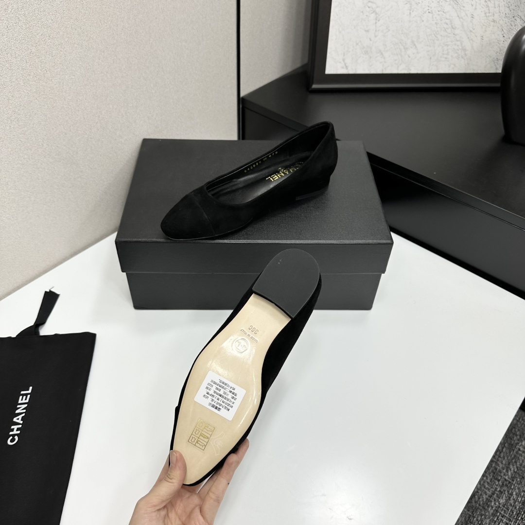 Chanel Classic Black Suede Ballet Flats with Gold CC Logo Heel