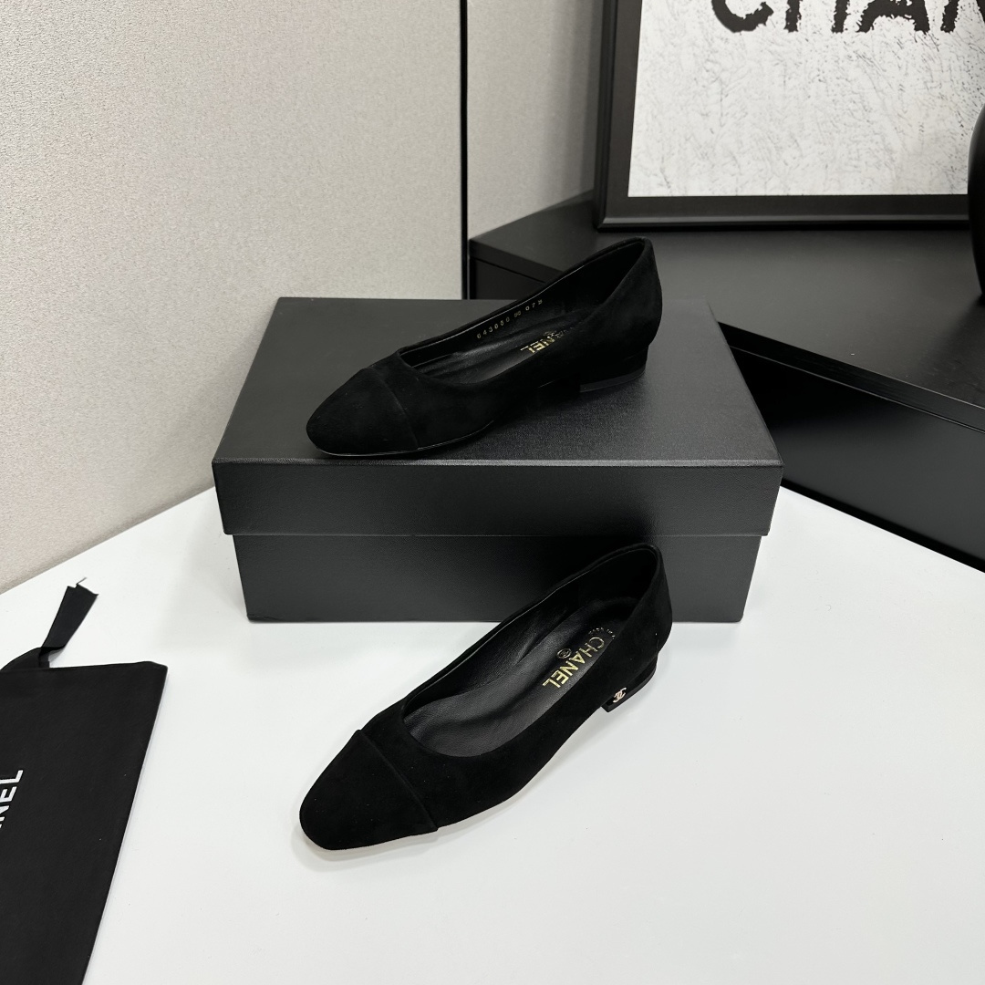 Chanel Classic Black Suede Ballet Flats with Gold CC Logo Heel