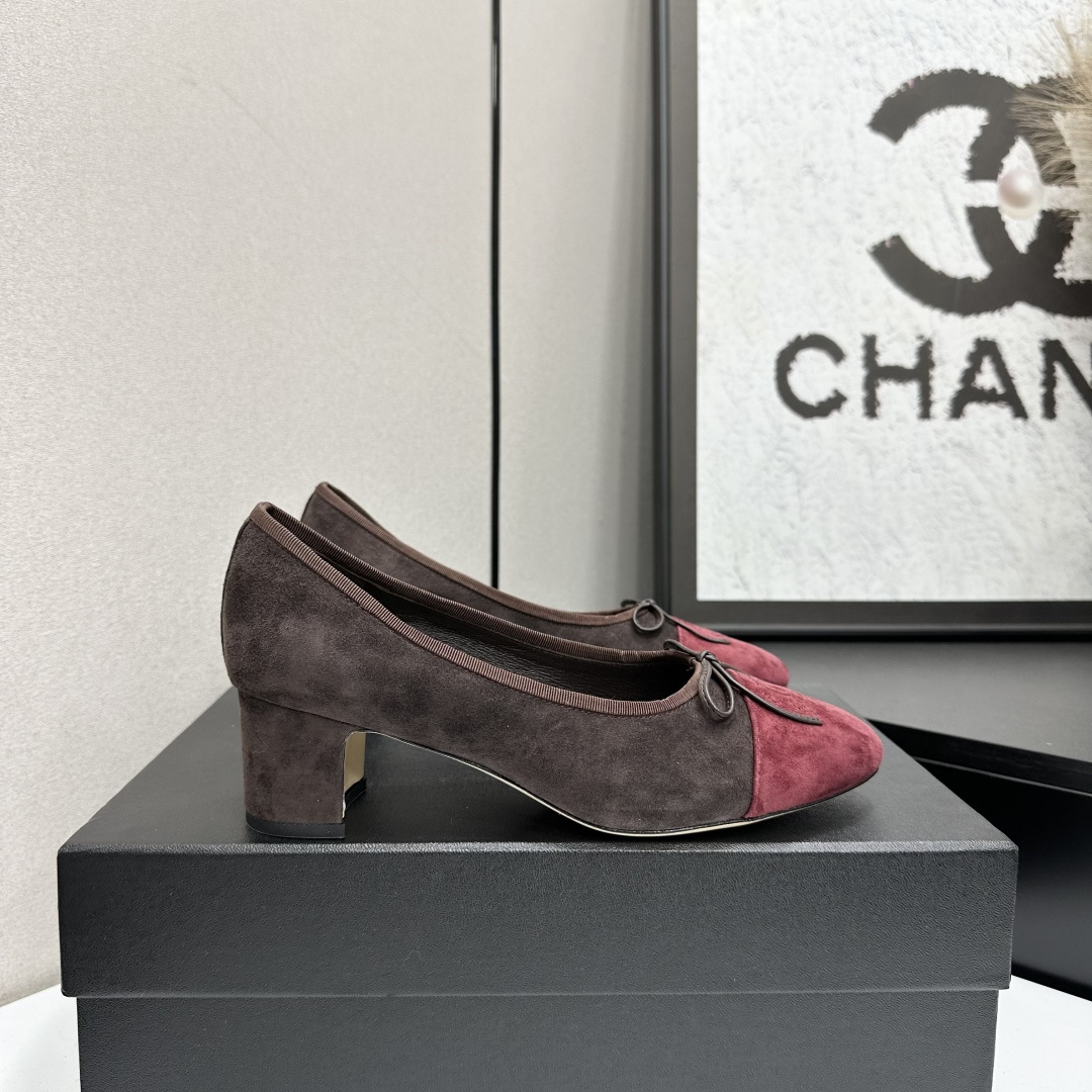 Chanel Suede Two-Tone Block Heel Pumps in Brown and Burgundy