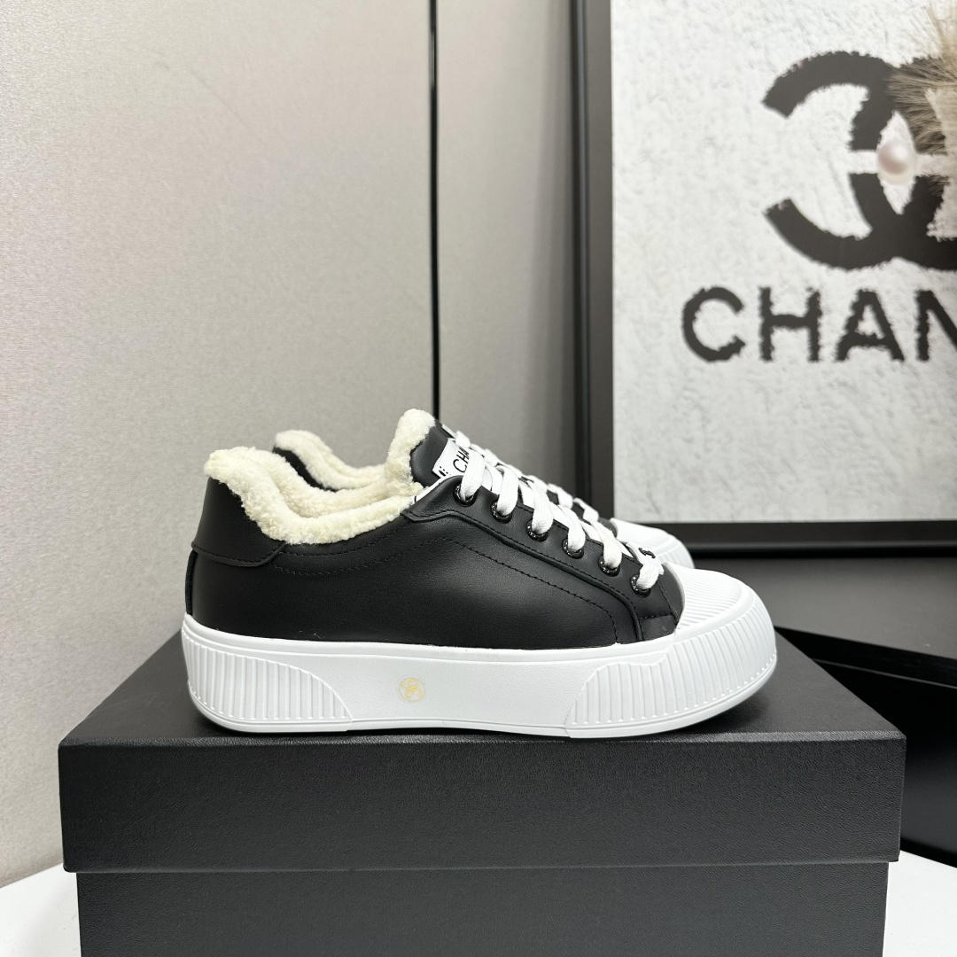 Premium Black Leather Platform Sneakers with Shearling Lining