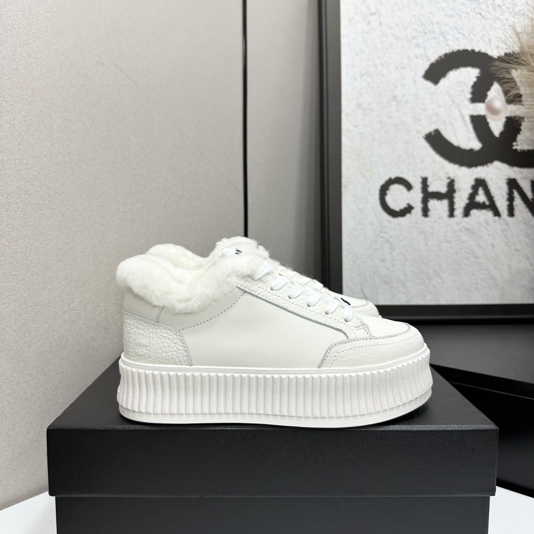 Chanel White Leather Platform Sneakers with Fur Lining