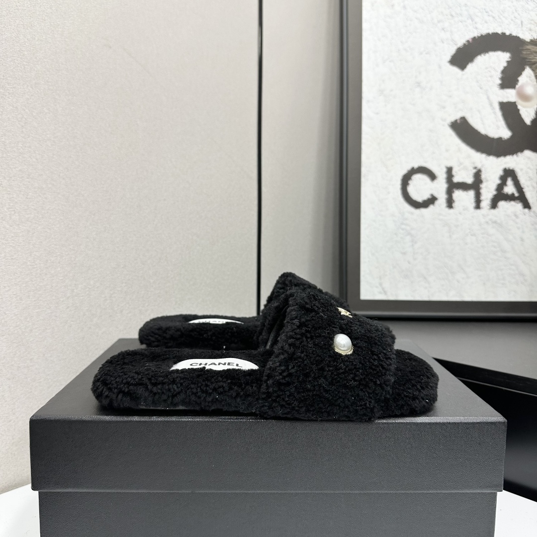Luxury Chanel Black Fuzzy Slides with Pearl & Gold CC Logo