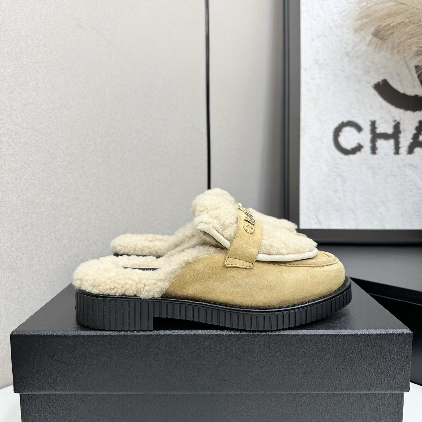 Chanel Luxury Beige Suede Shearling Mules – Fur-Lined Loafers