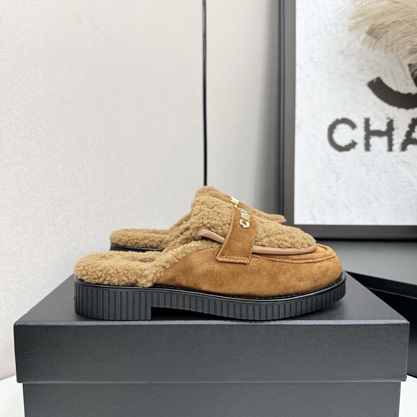 Luxury Suede Shearling Mules with Gold Logo – Cozy Winter Slides