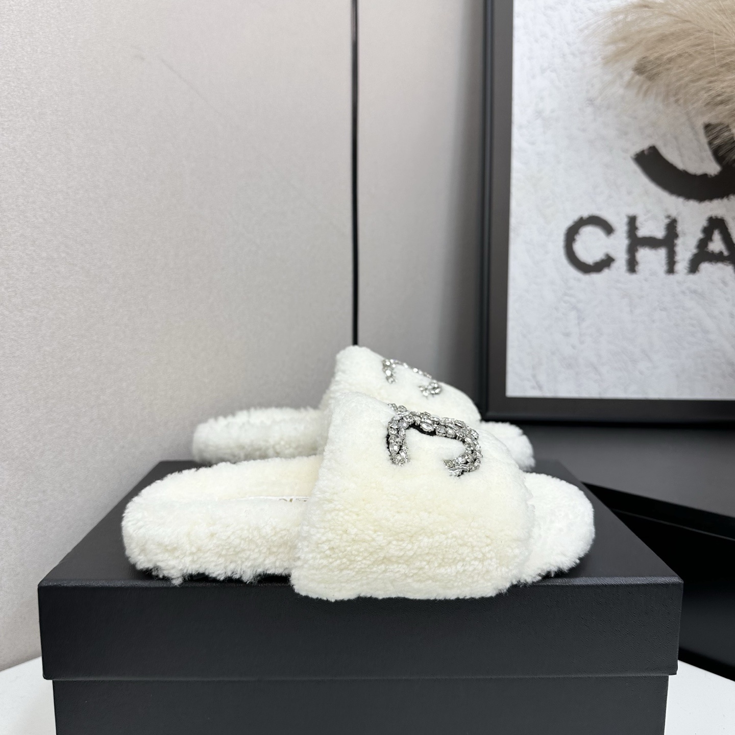 Luxury White Fuzzy Shearling Slides with Crystal Interlocking Logo