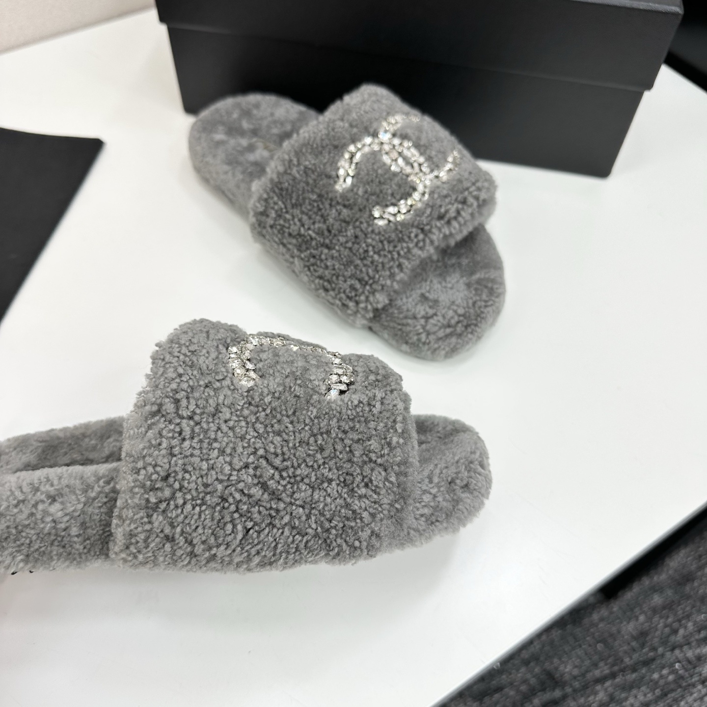 Luxury Grey Shearling Slides with Crystal Logo Embellishment